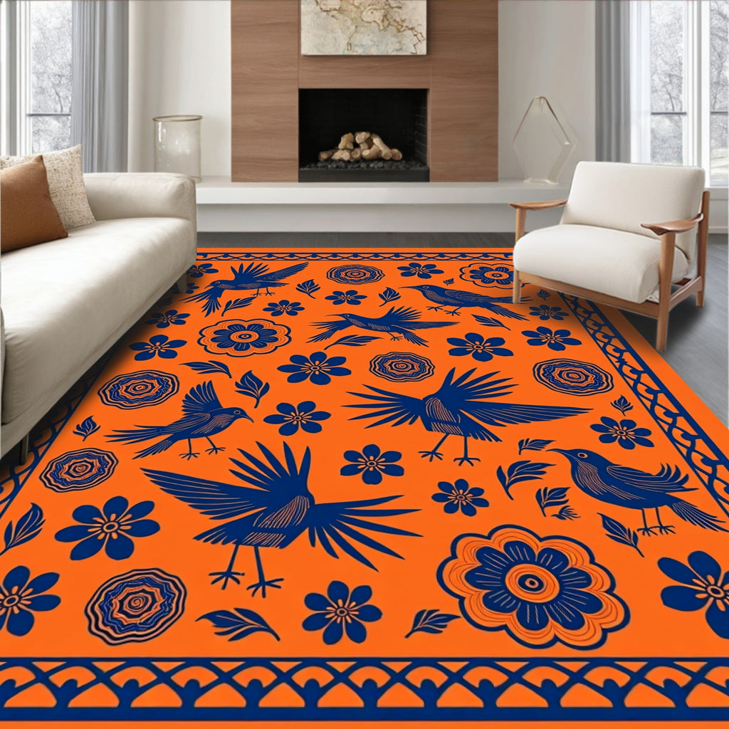 Bold Blue Birds Orange Floral Folk Art Rug