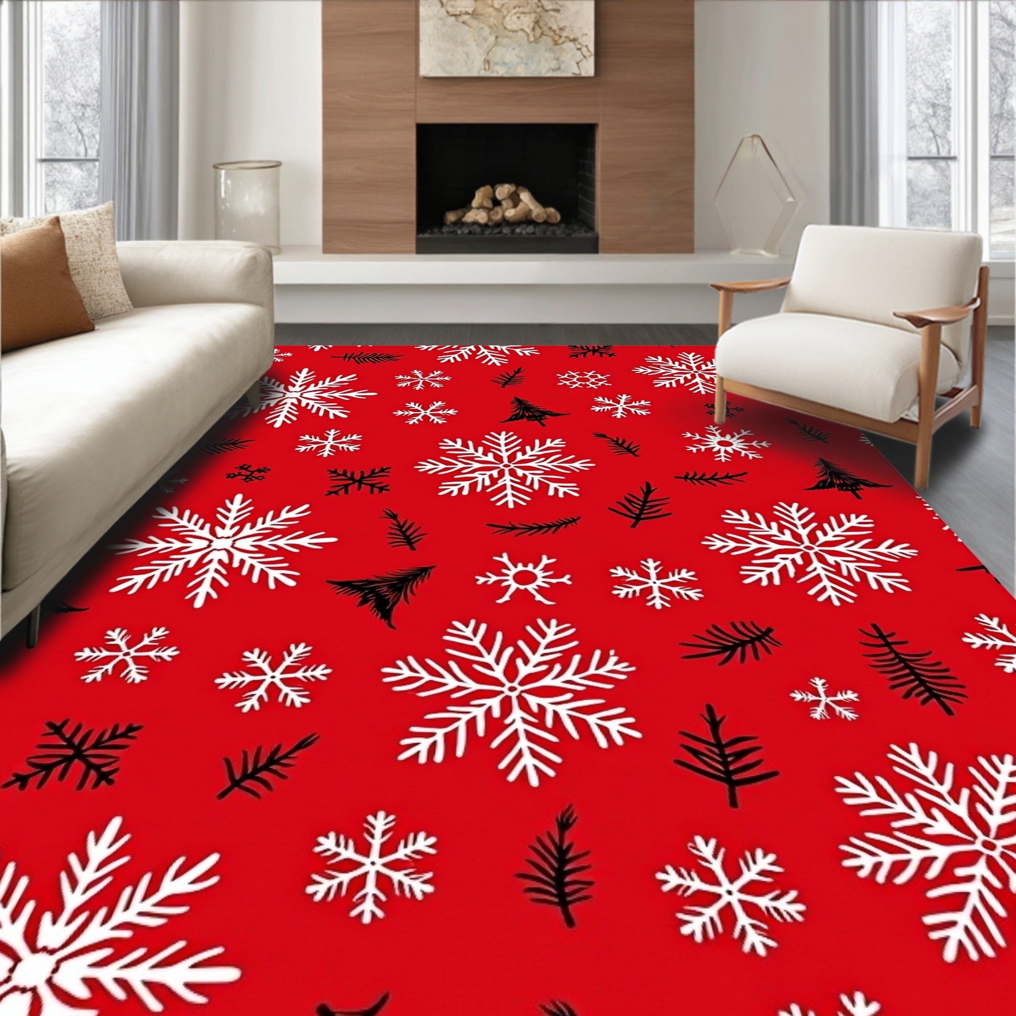 Crimson Snowflake Pine Sprig Yuletide Rug