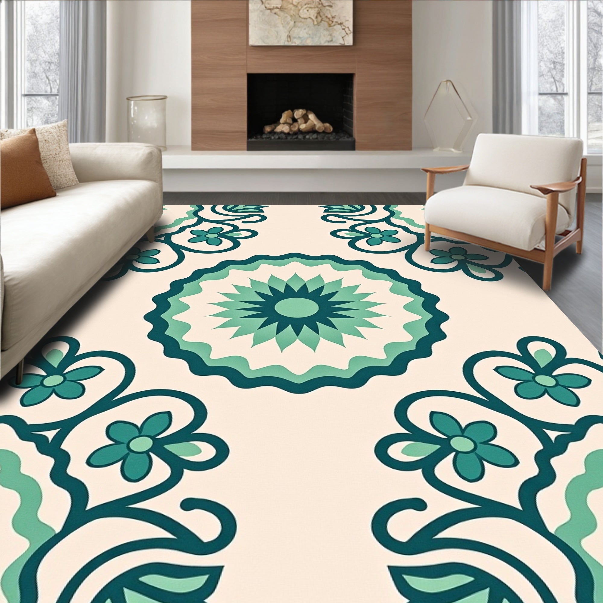 Teal Ivory Floral Medallion Rug