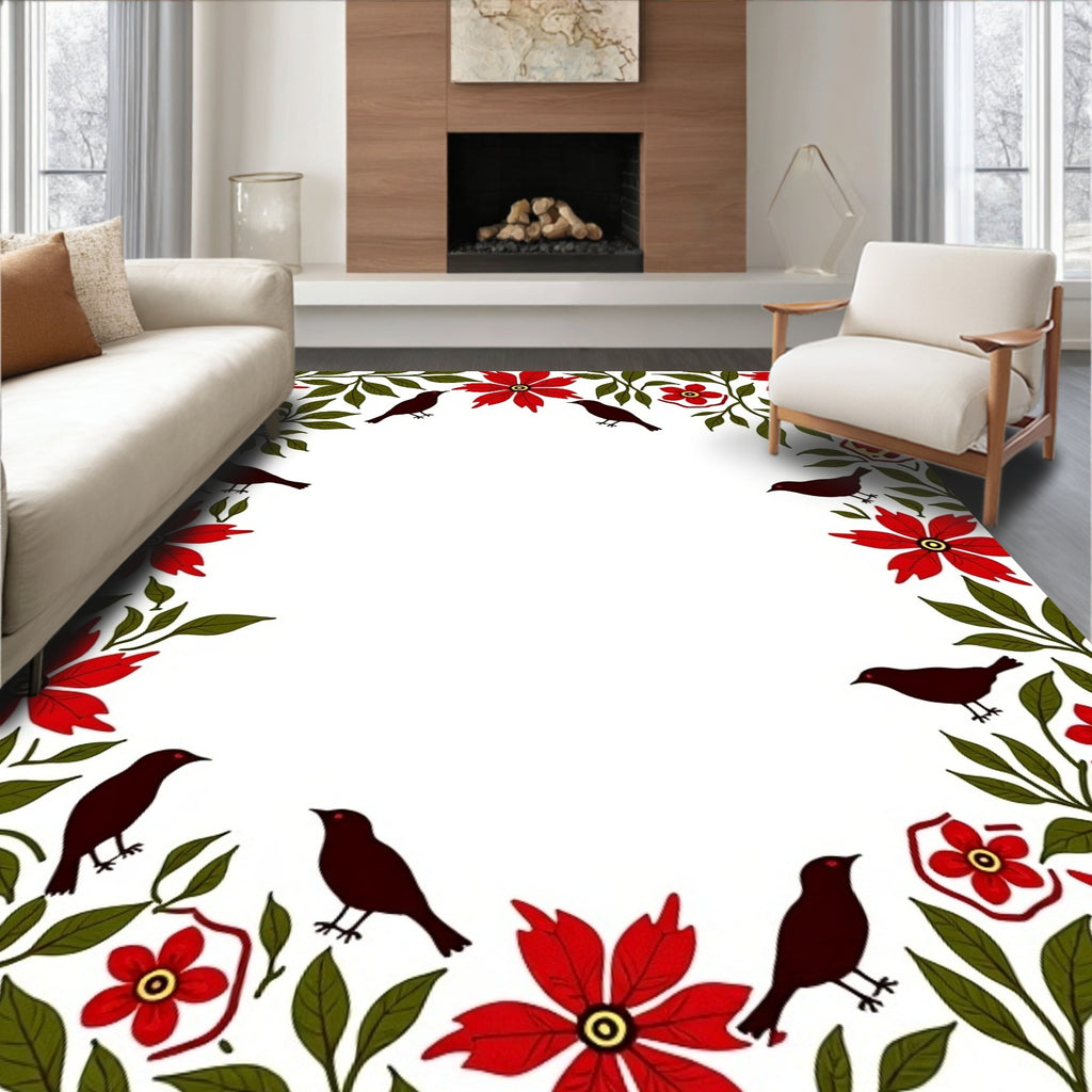 Crimson Floral Birds Border Rug