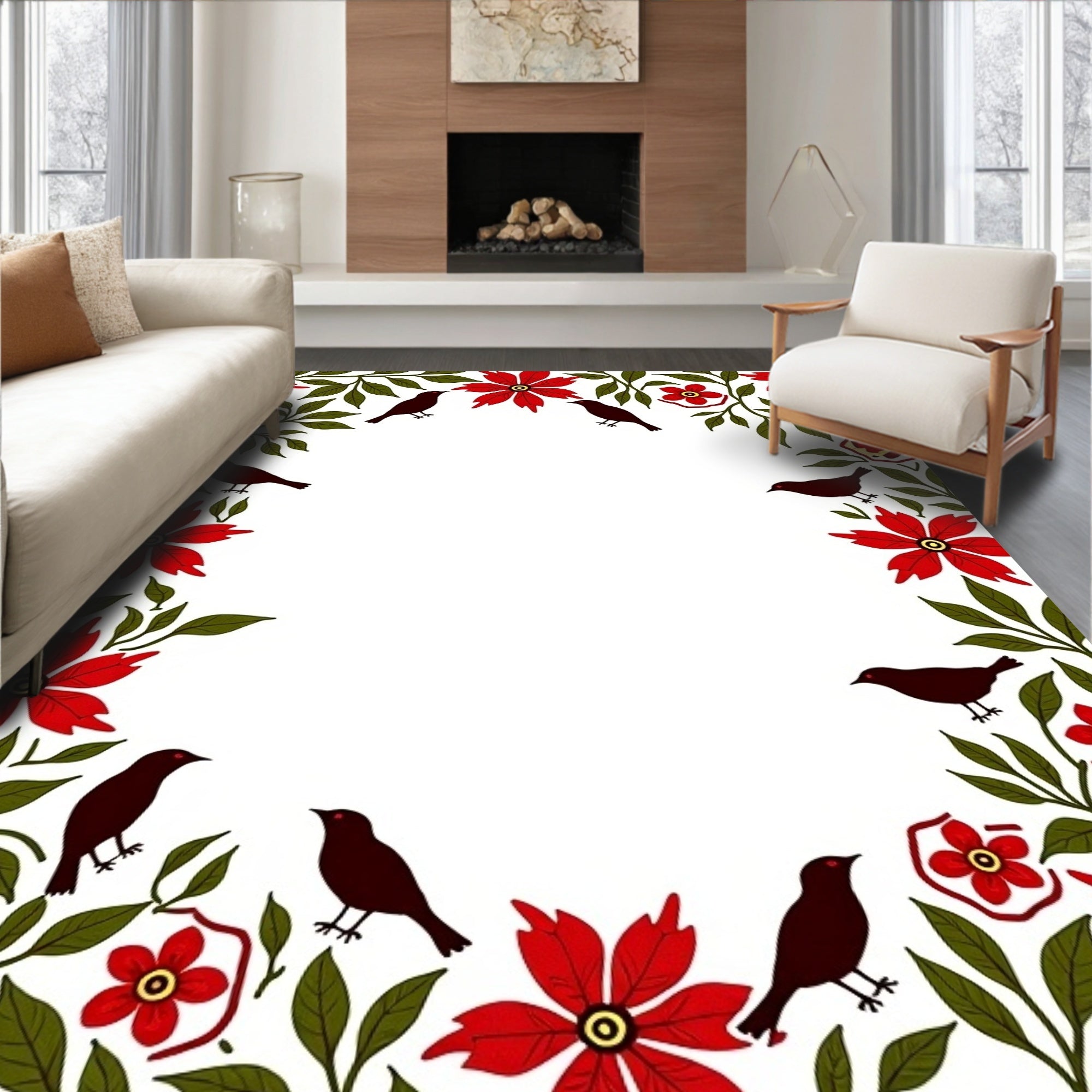 Crimson Floral Birds Border Rug