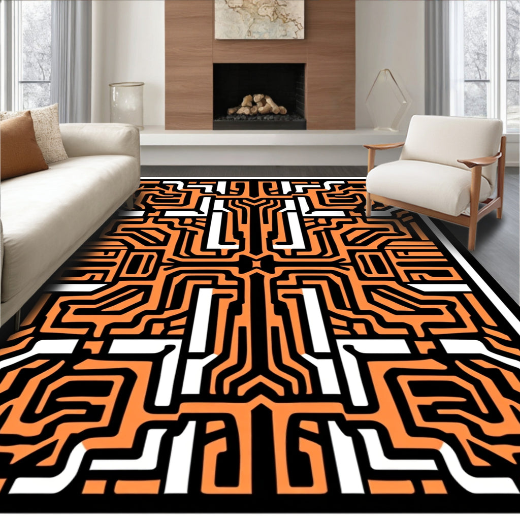 Orange Black White Circuit Maze Rug