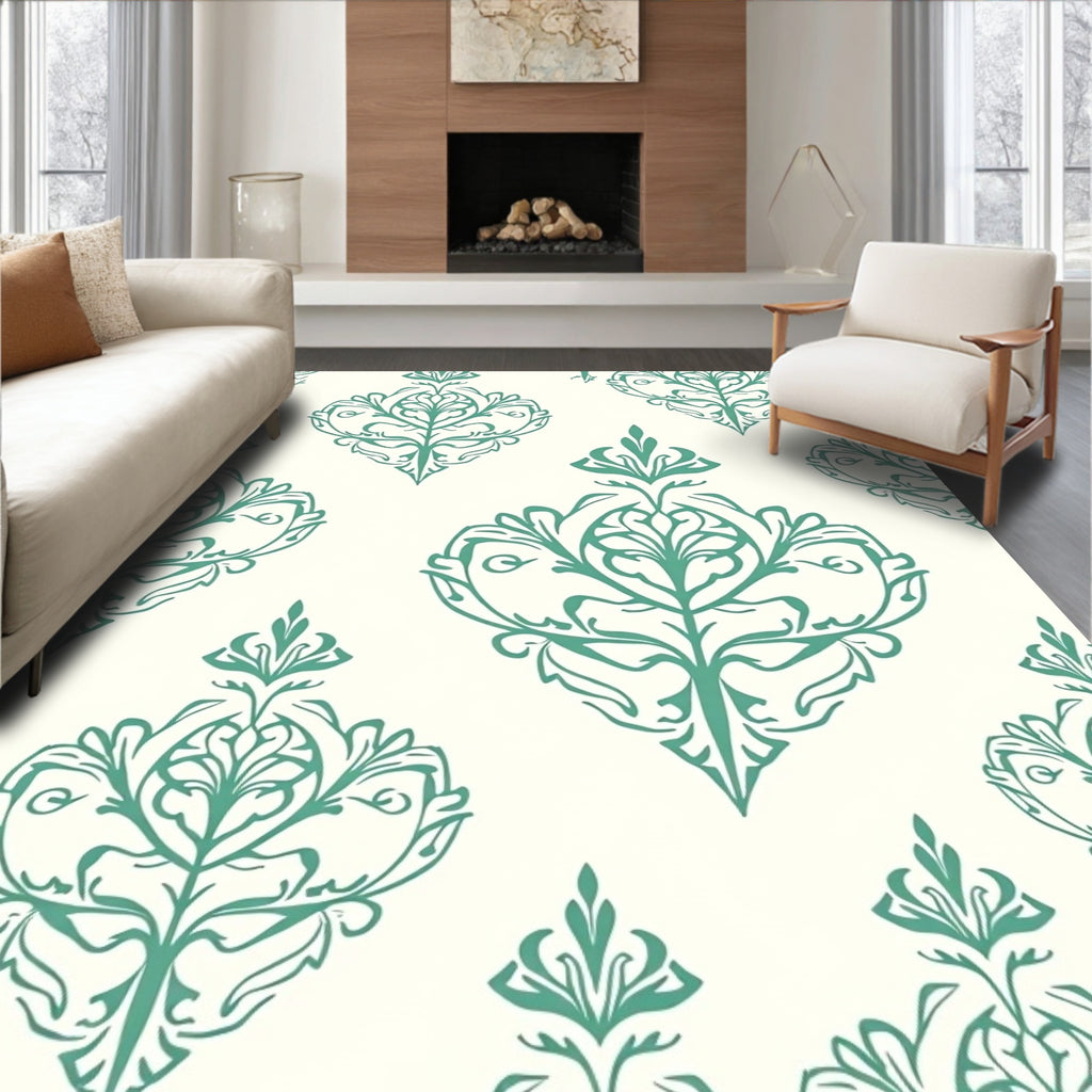 Teal Damask Scrollwork Traditional Rug