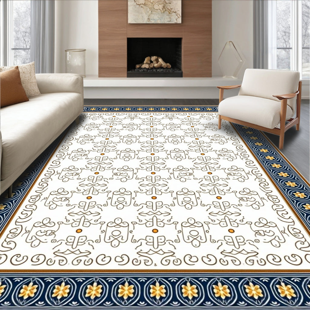 Elegant Navy Golden Flourish Border Rug