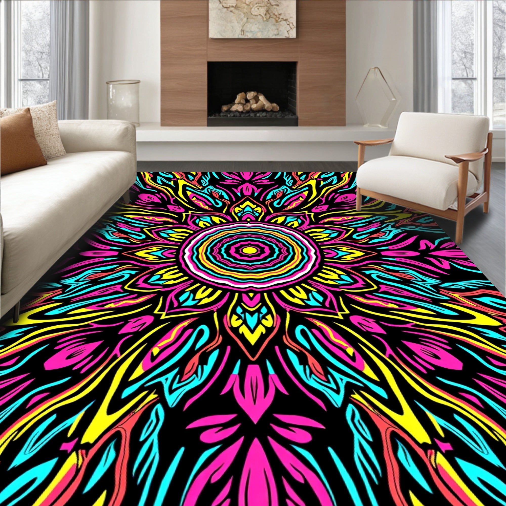 Vibrant Neon Psychedelic Sunburst Rug