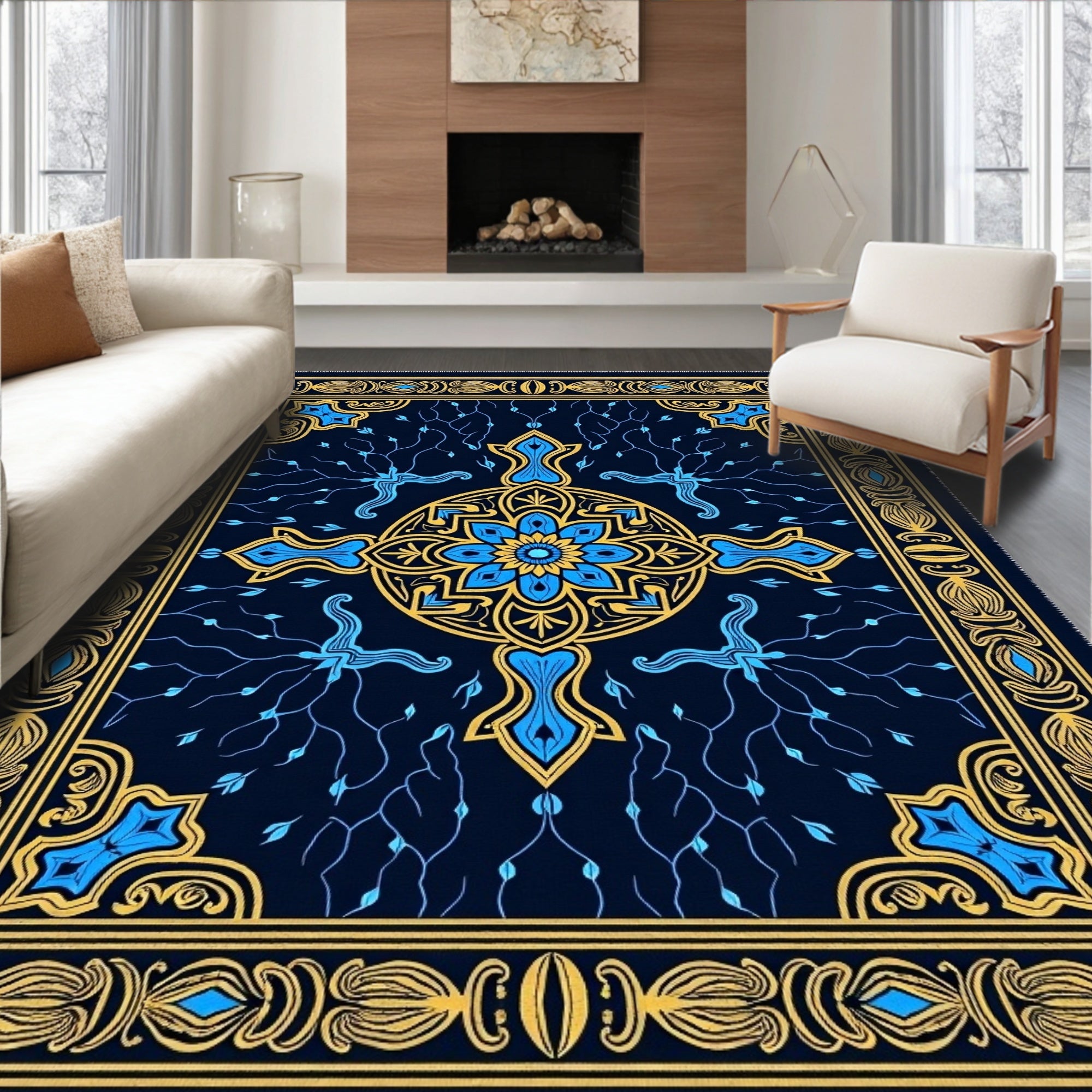 Blue and Gold Medallion Branch Rug