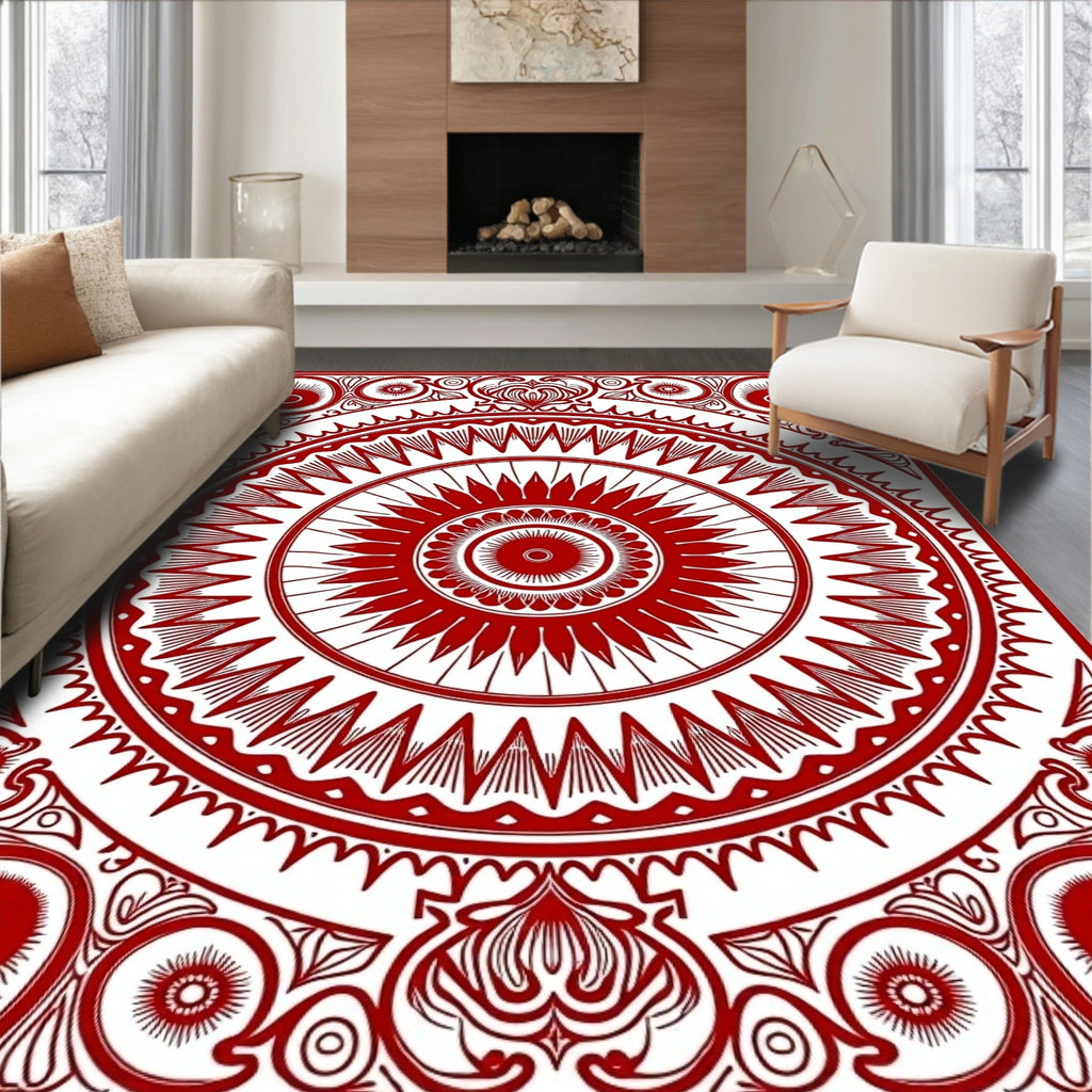 Crimson Radiating Mandala Medallion Rug