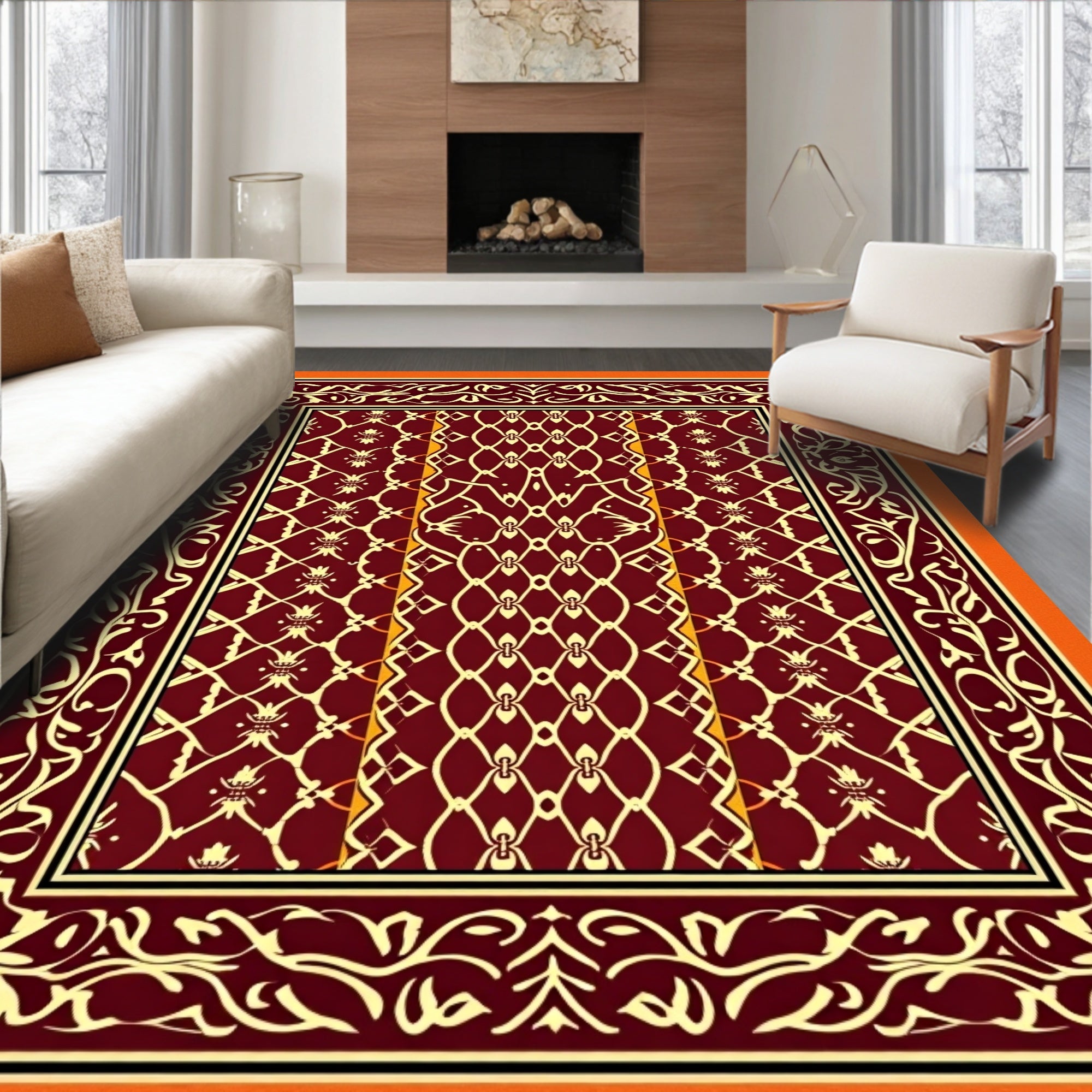 Crimson Ivory Ornate Lattice Frame Rug