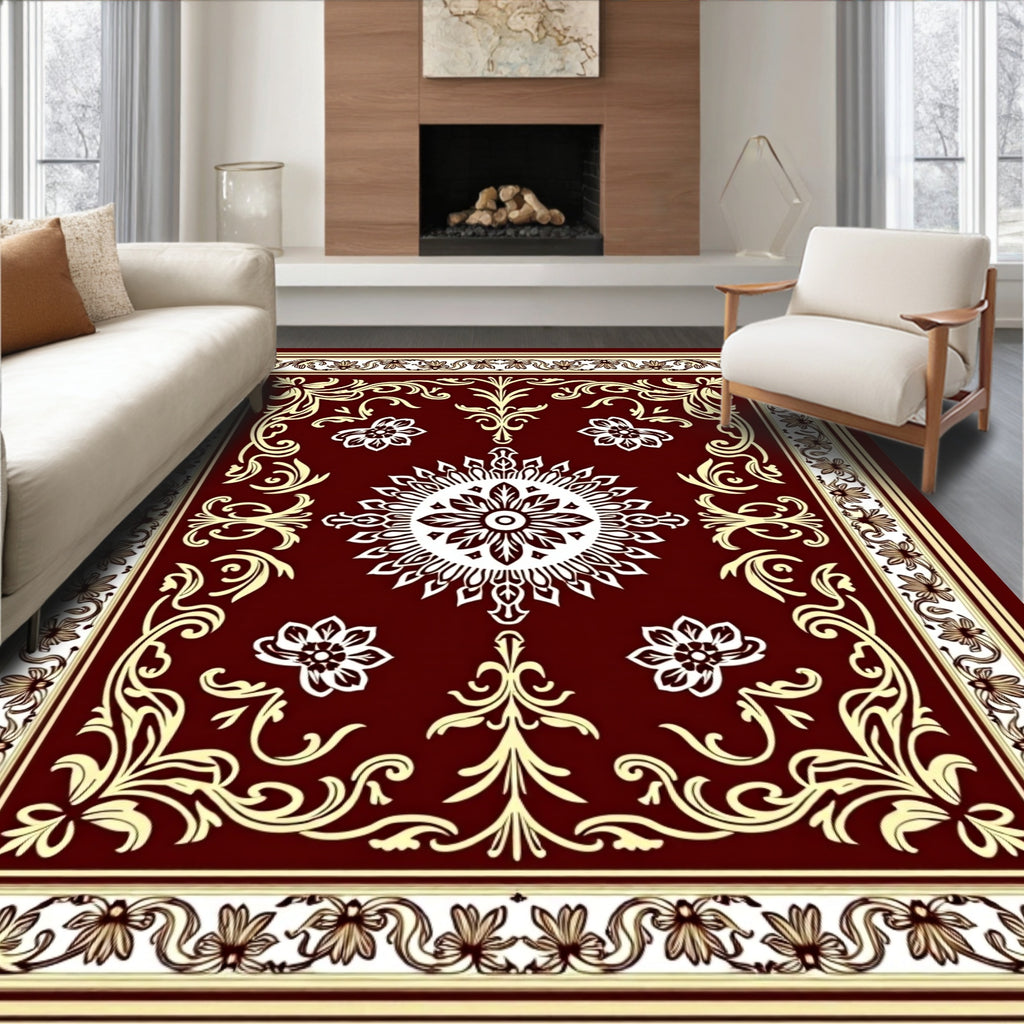 Crimson Floral Medallion Scrollwork Rug