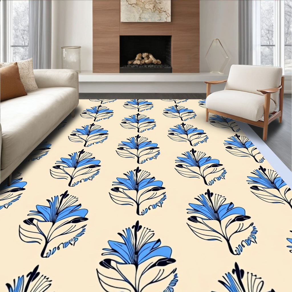 Bold Blue Floral Botanic Meadow Rug