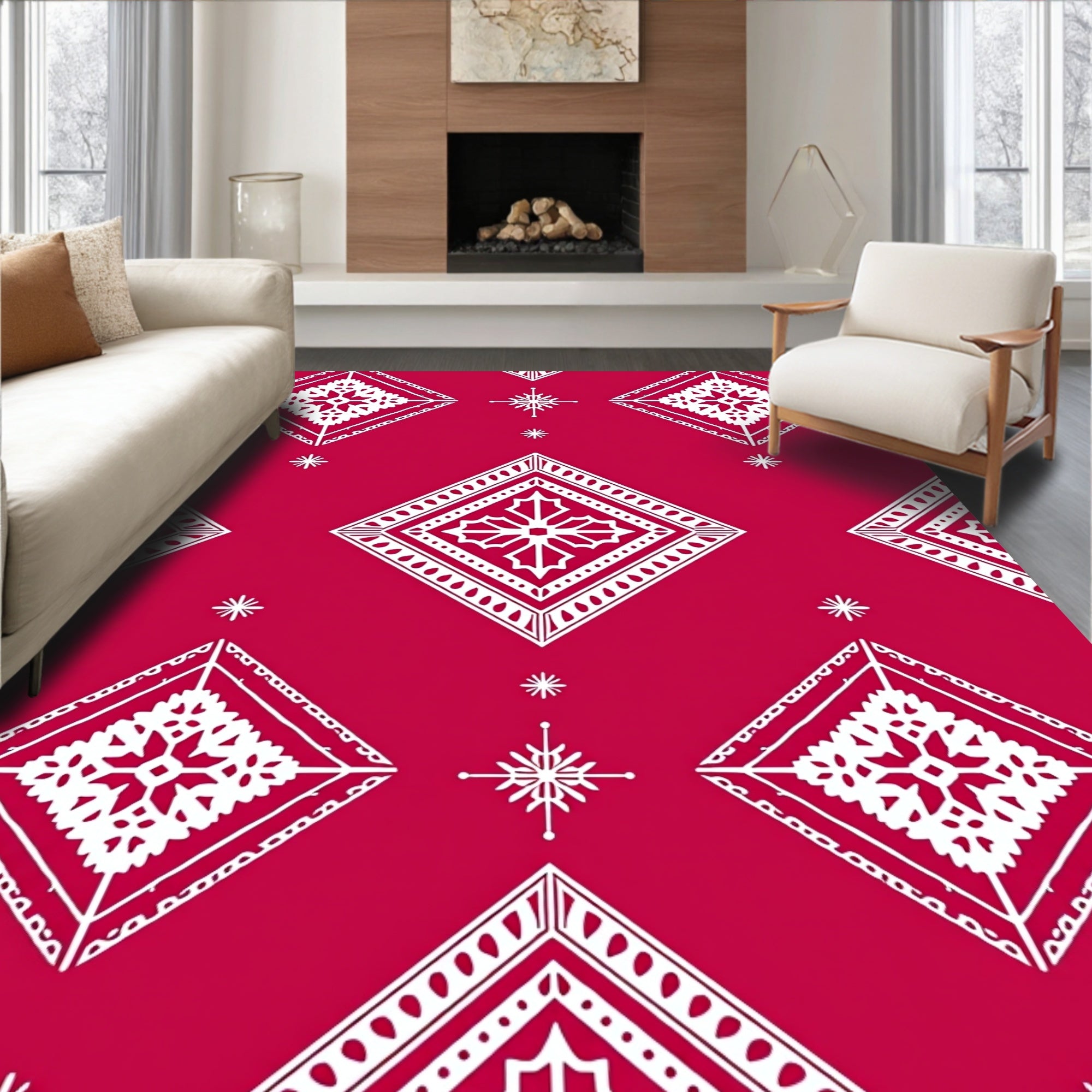 Crimson White Diamond Folk Art Rug