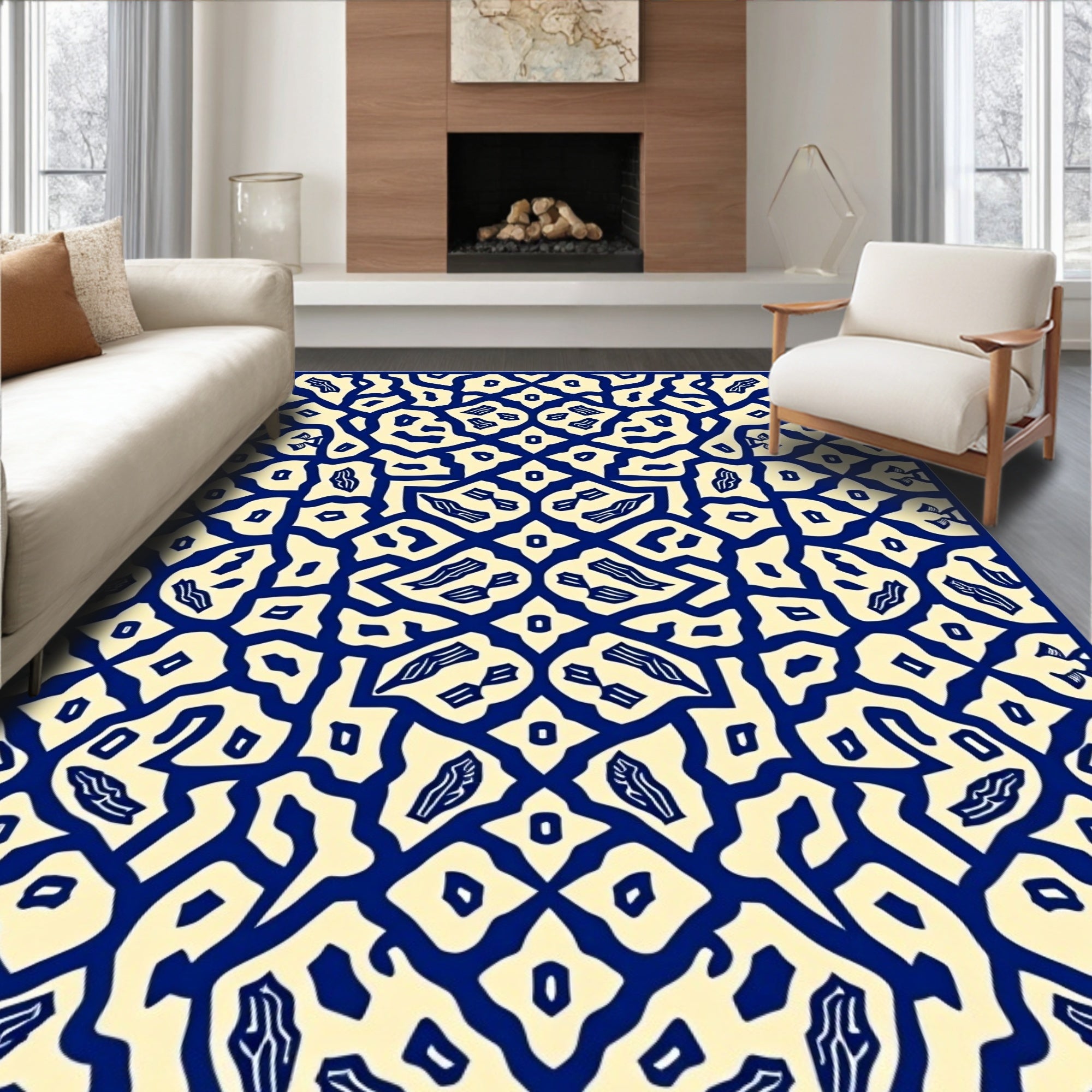 Cream Navy Abstract Lattice Rug