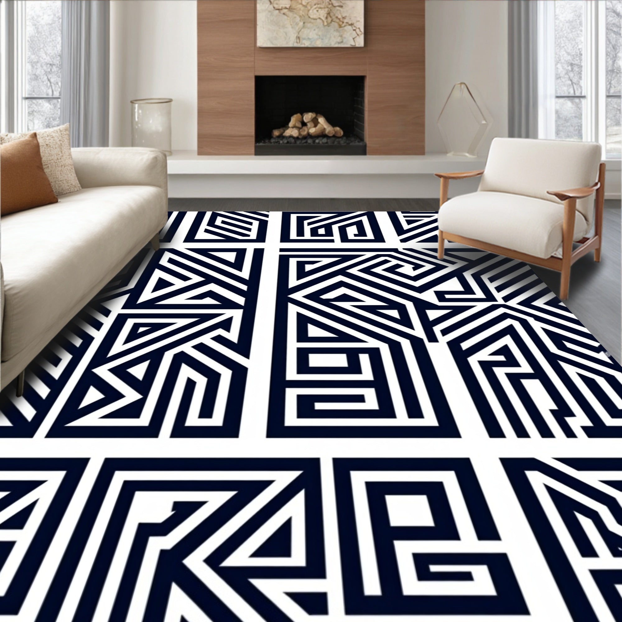 Navy White Geometric Maze Rug