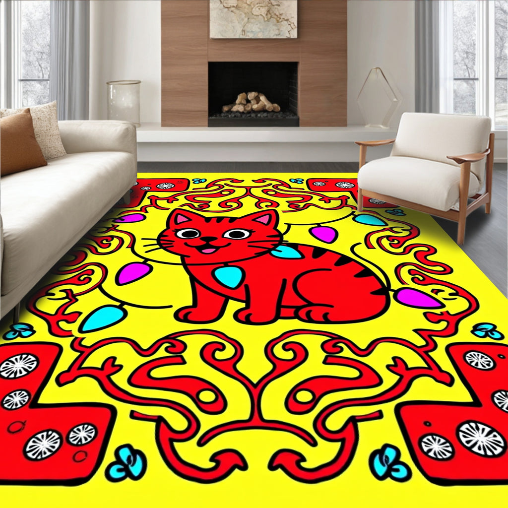 Red Whimsical Cat Holiday Lights Rug