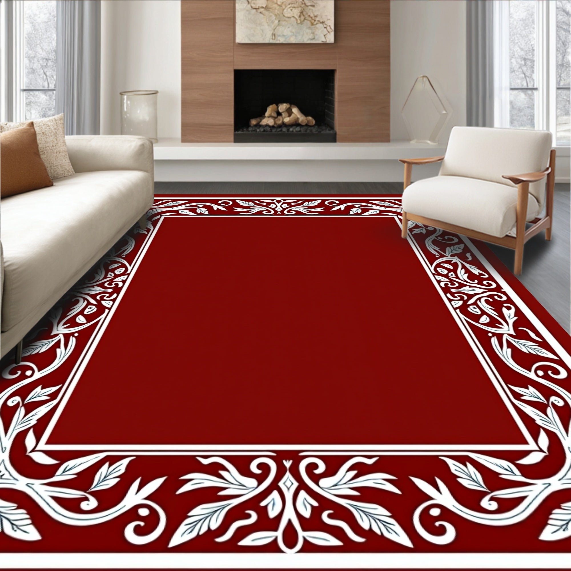 Ornate Red Leaf Vine Border Rug