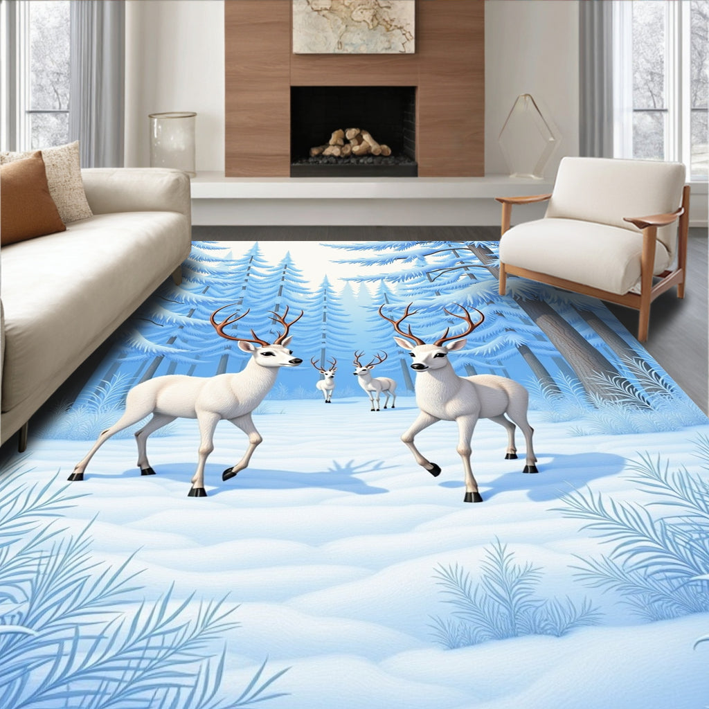 White Deer In Snowy Forest Scene Rug