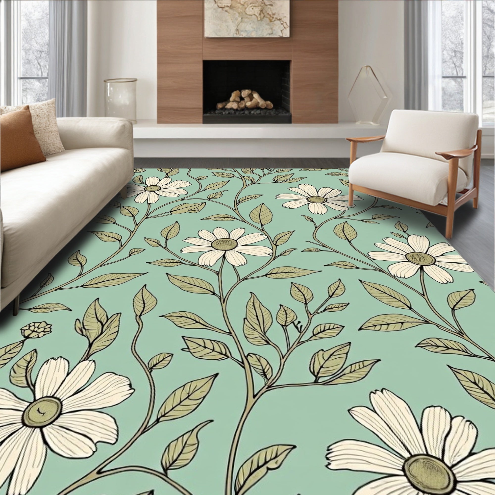 Vintage Cream Daisy Floral Vine Rug