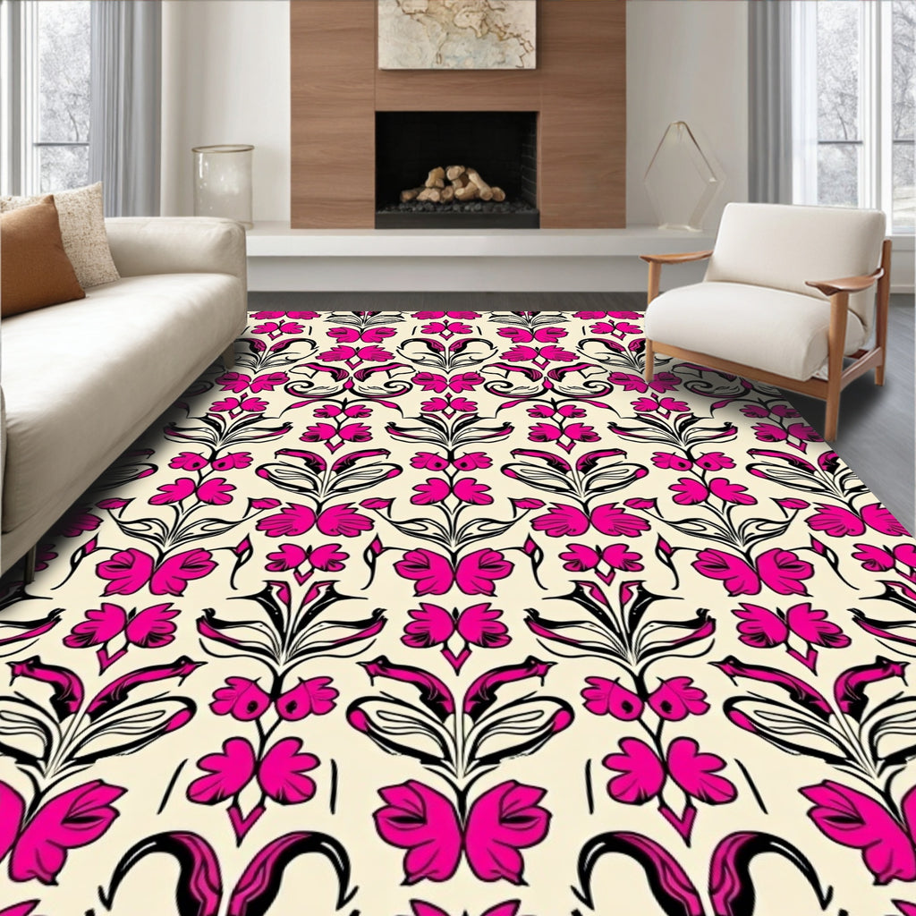 Vibrant Pink Floral Damask Rug