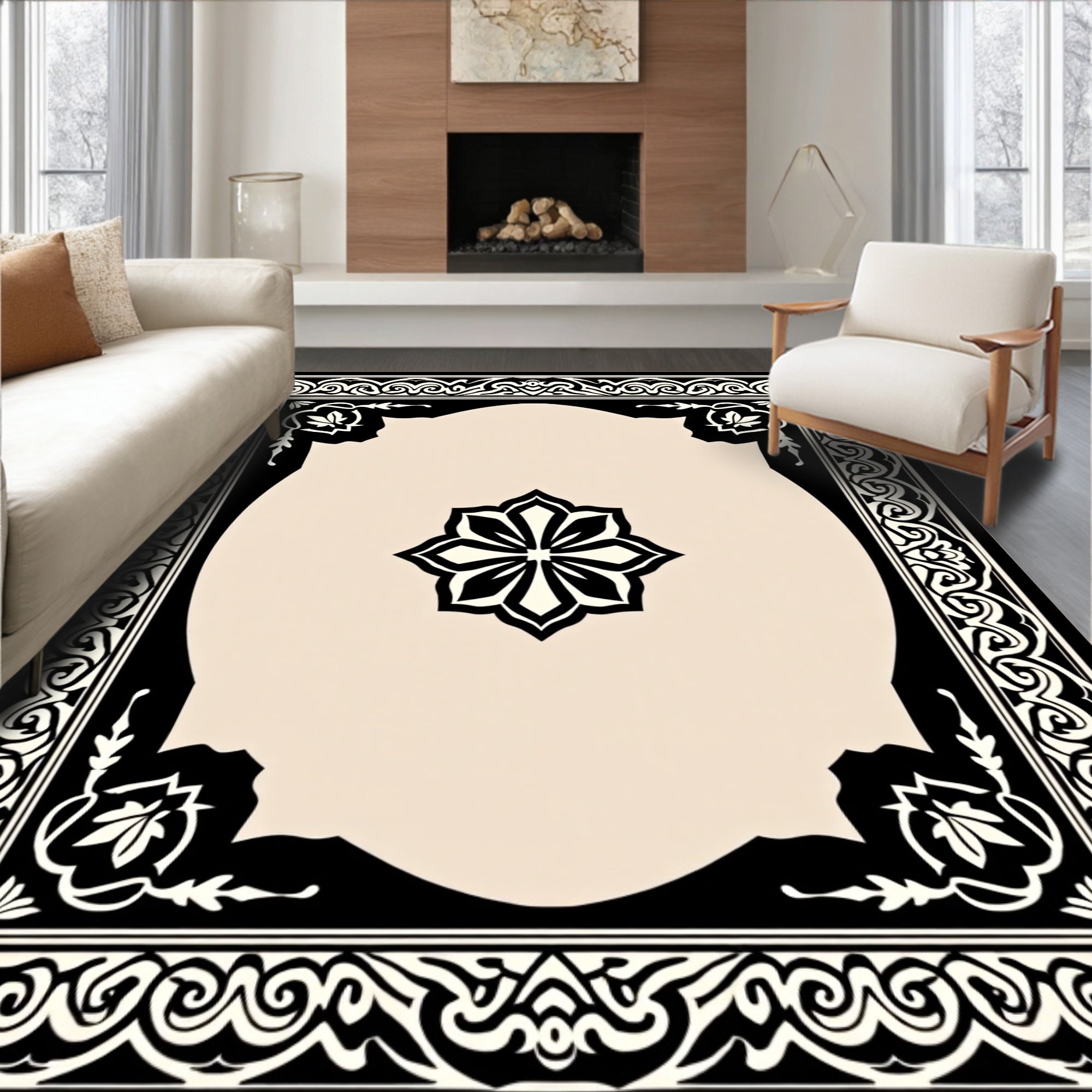 Black Ivory Floral Crested Frame Rug