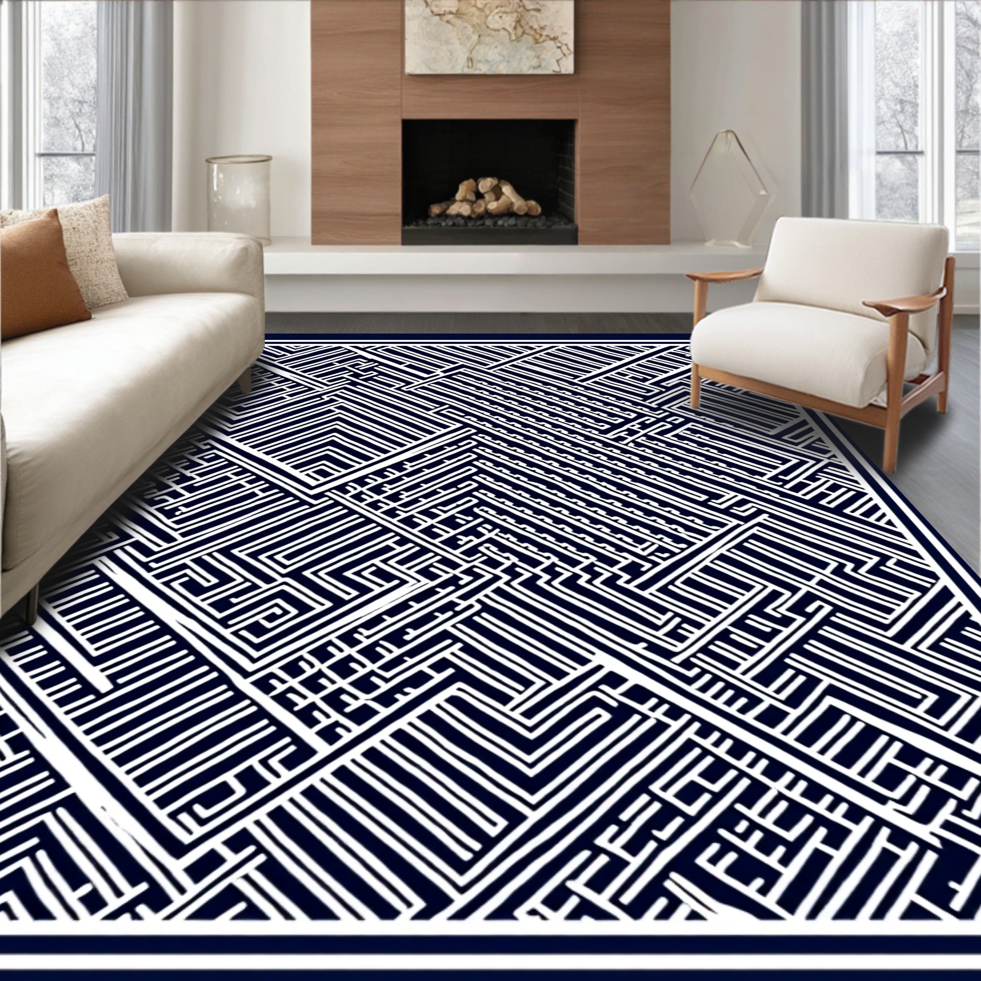 Abstract Navy Geometric Maze Rug