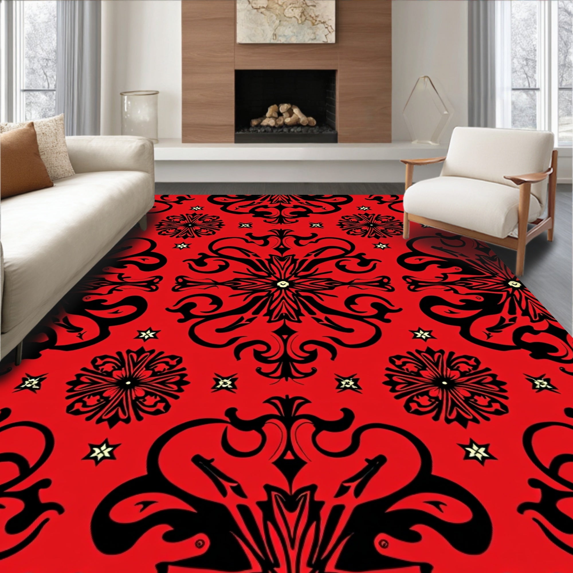 Bold Scarlet Black Baroque Flourish Rug