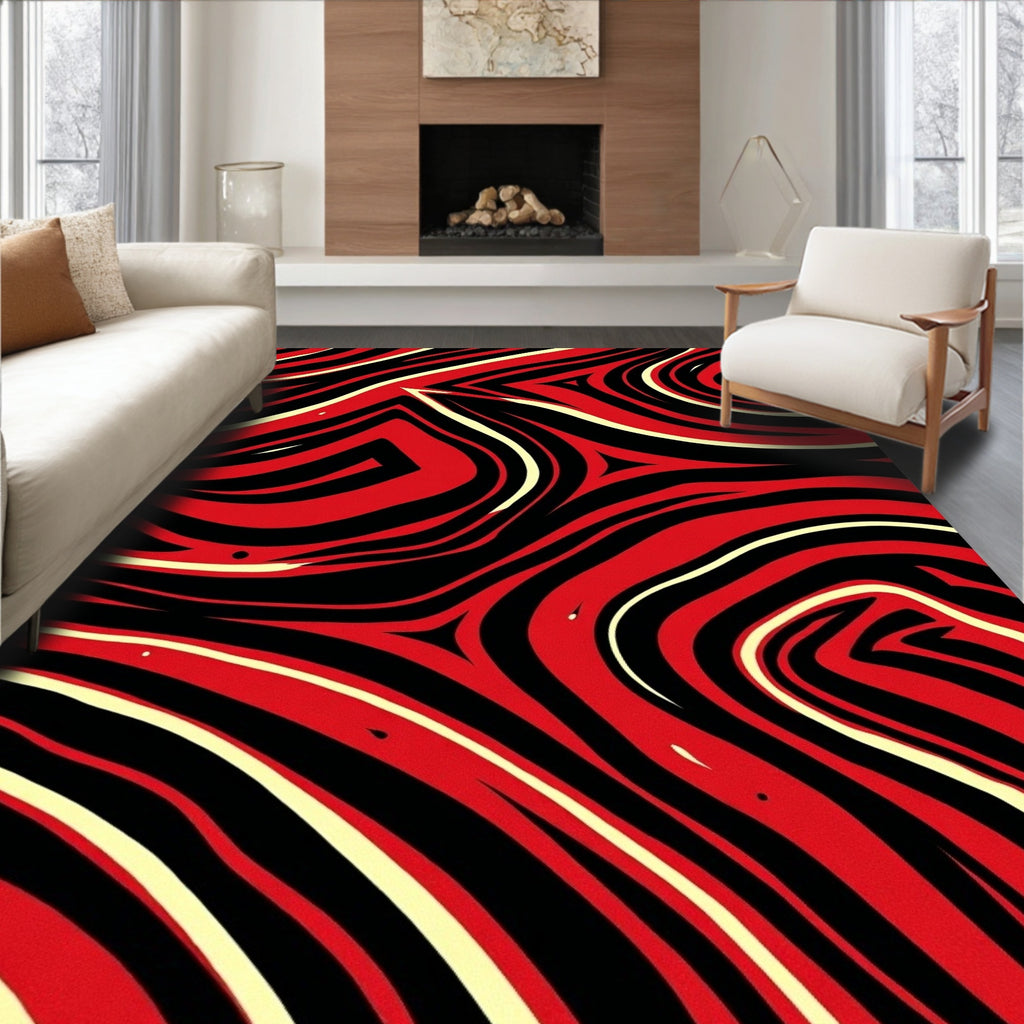 Crimson Black Swirling Marble Rug