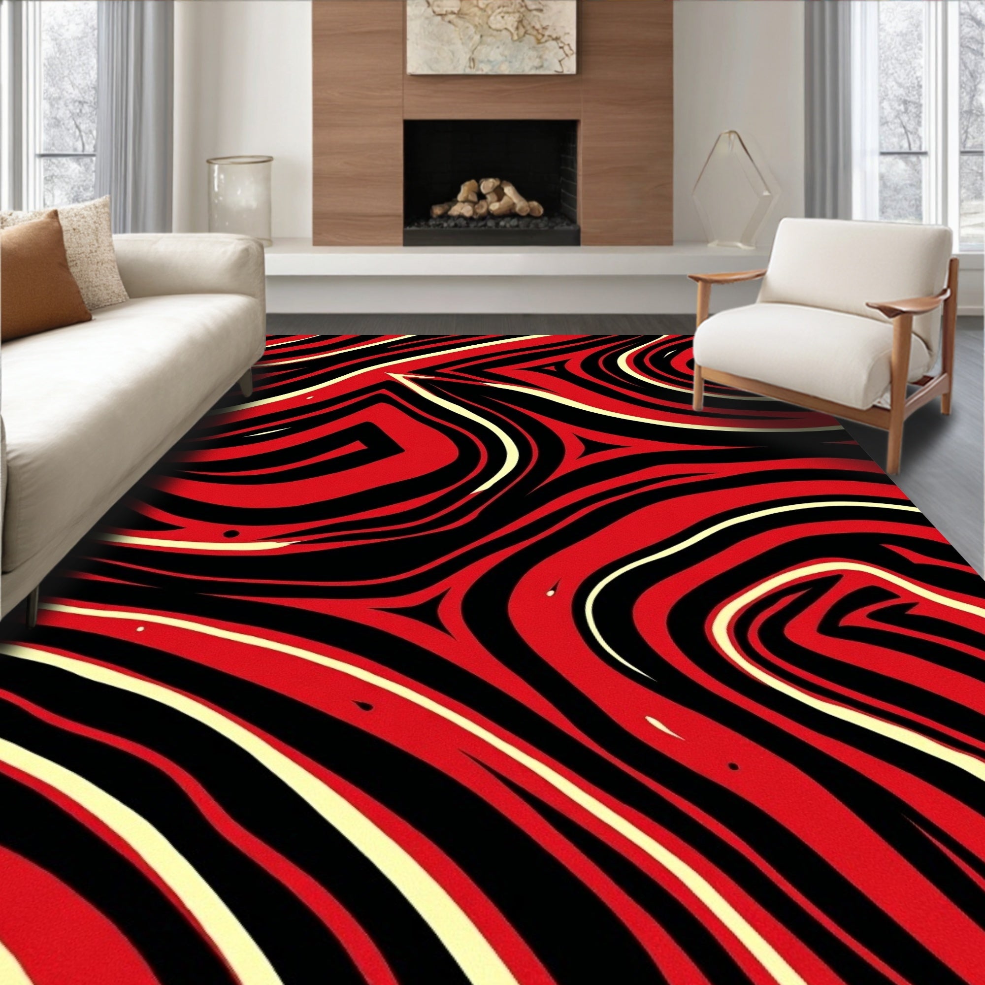 Crimson Black Swirling Marble Rug