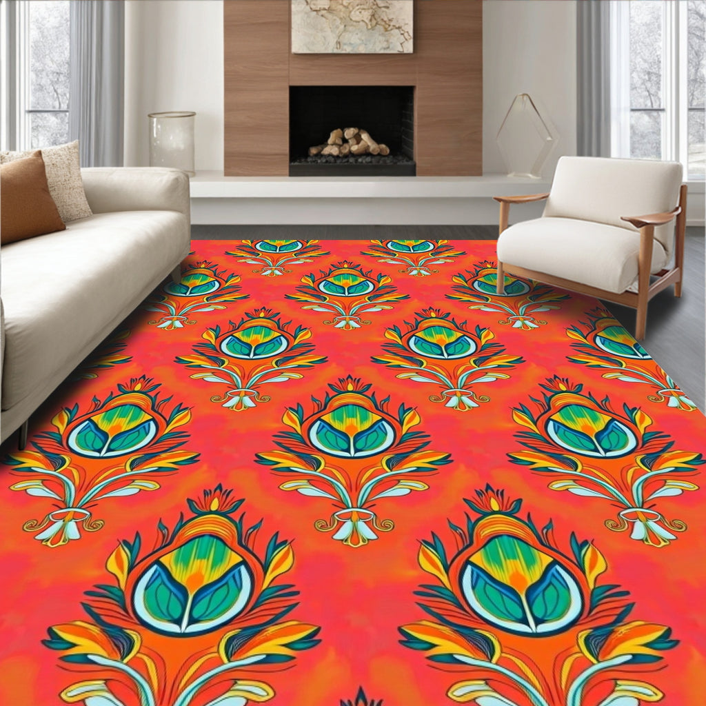Vibrant Coral Floral Droplet Rug