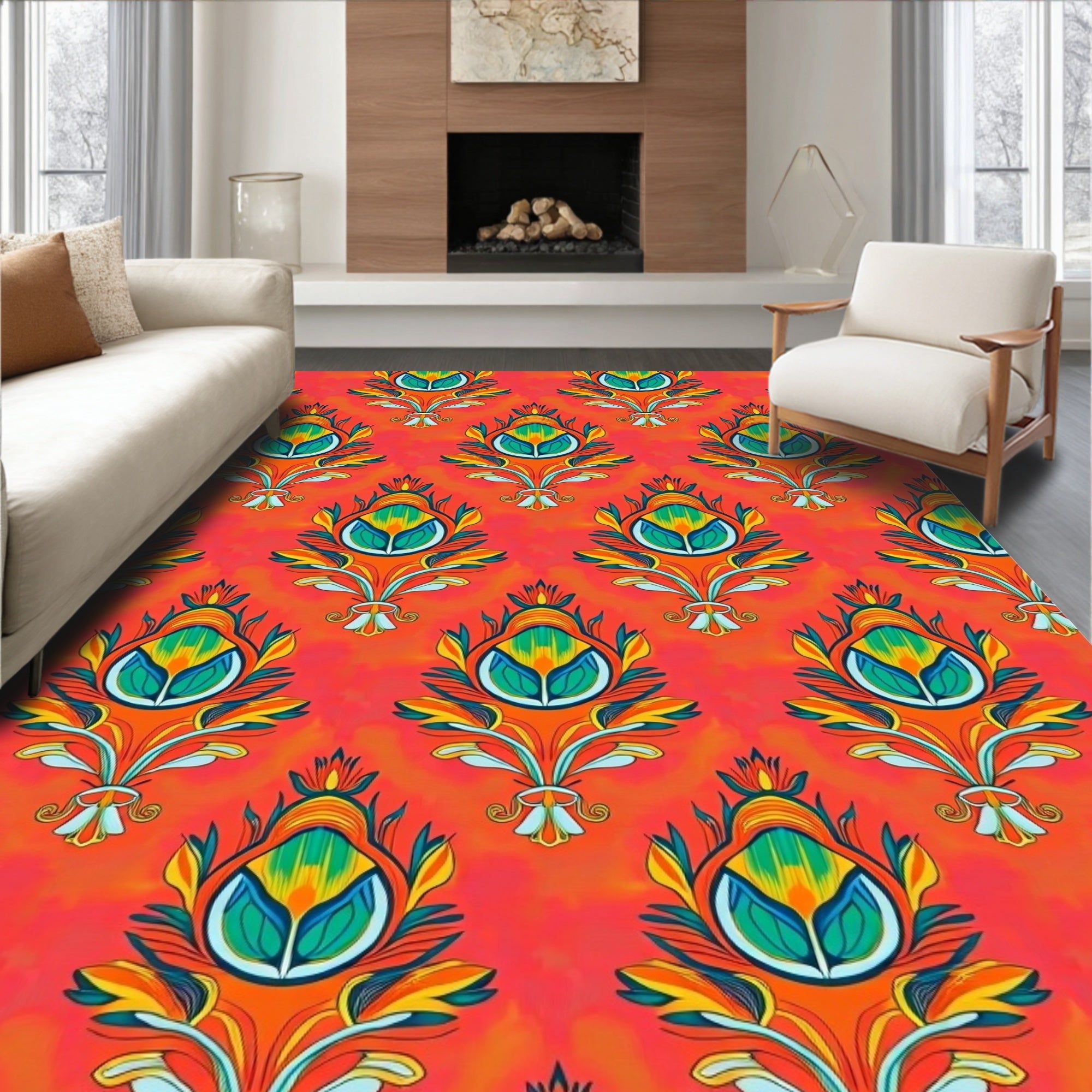 Vibrant Coral Floral Droplet Rug