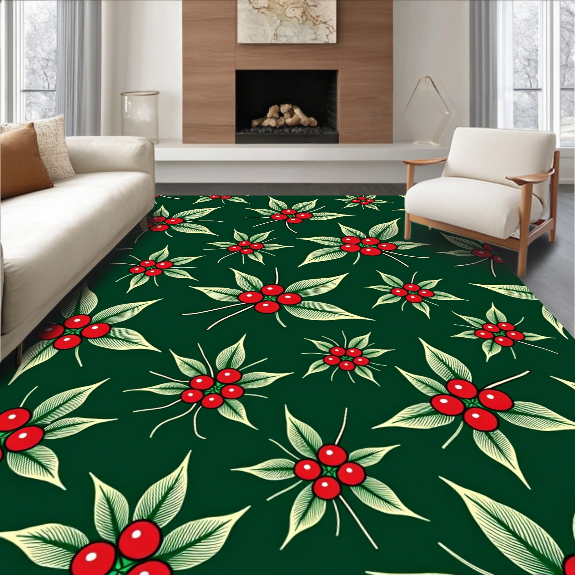 Festive Red Berry Leaf Cluster Rug