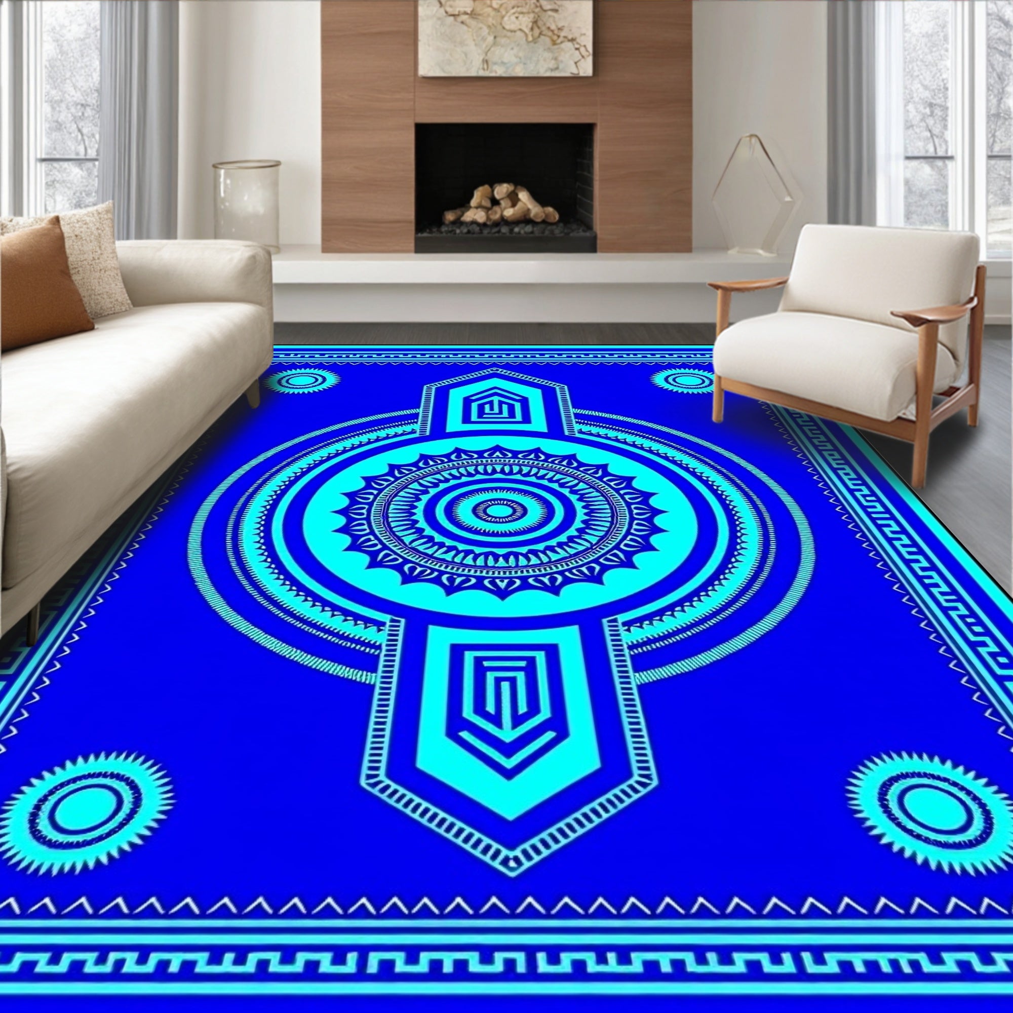 Royal Blue Turquoise Mandala Geometric Rug