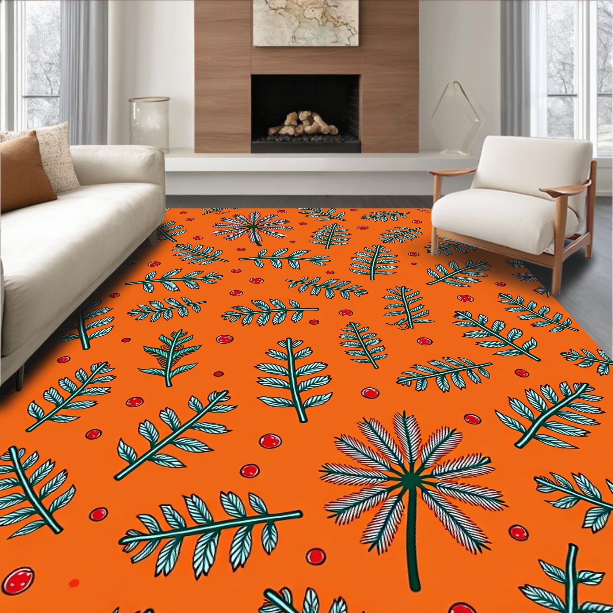 Orange Green Fern Berry Whimsical Rug