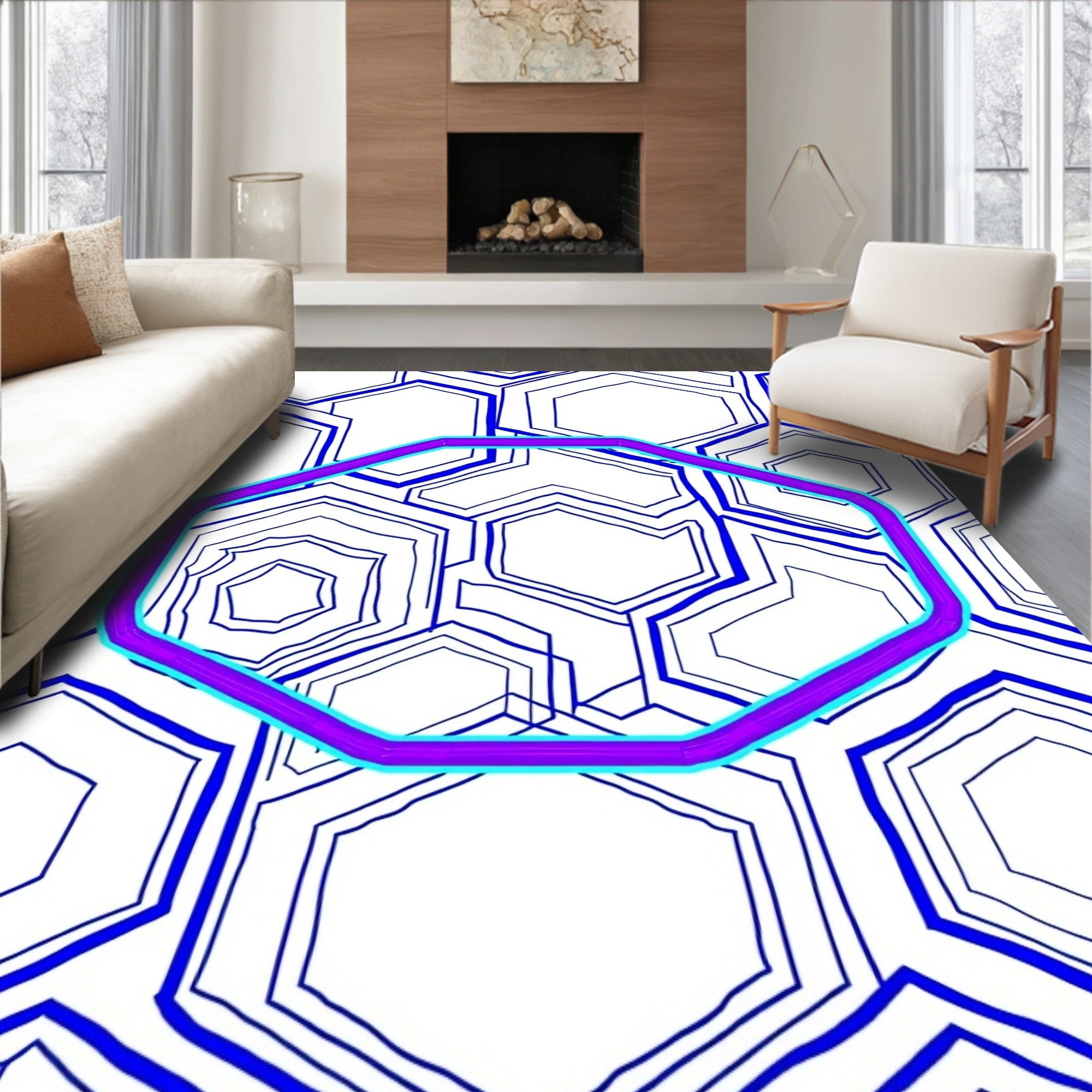 Deep Blue Geometric Hexagon Overlay Rug