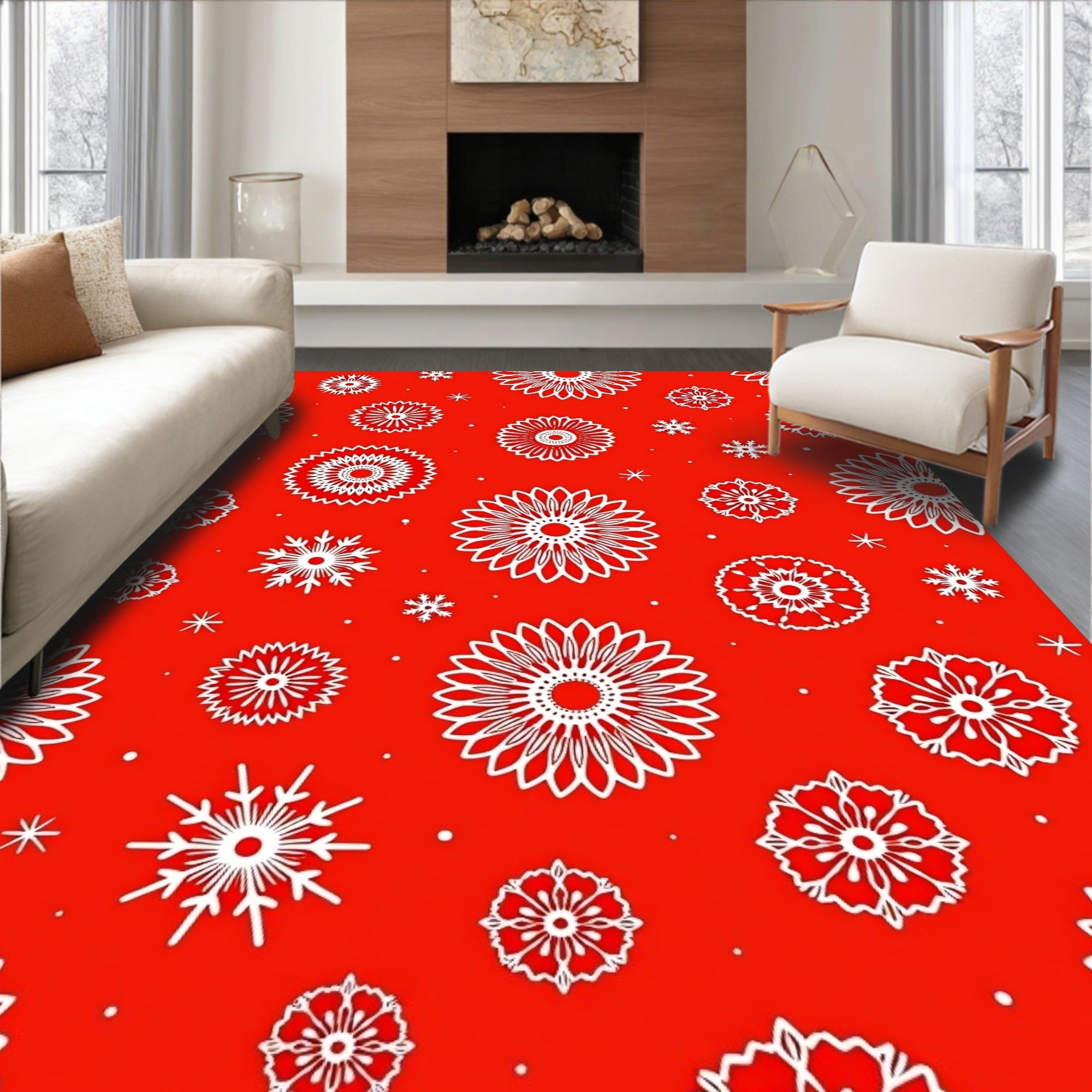 Bright Red White Floral Snowflakes Rug