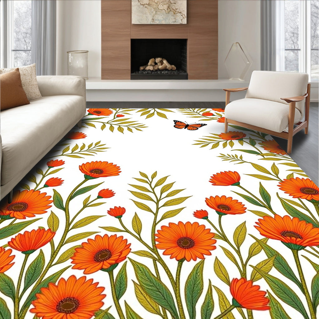 Orange Daisy Butterfly Garden Scene Rug