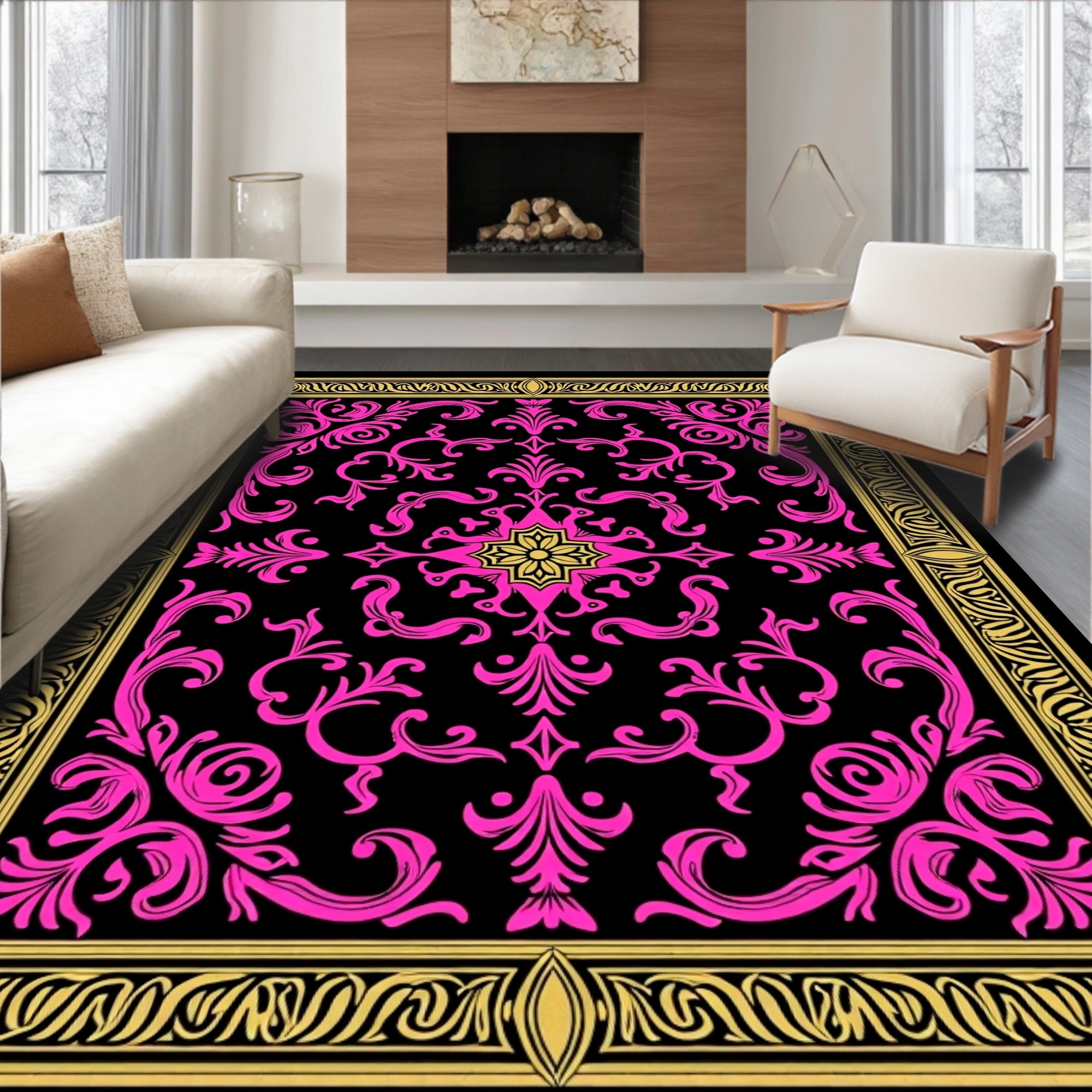Vintage Pink Floral Gold Border Rug