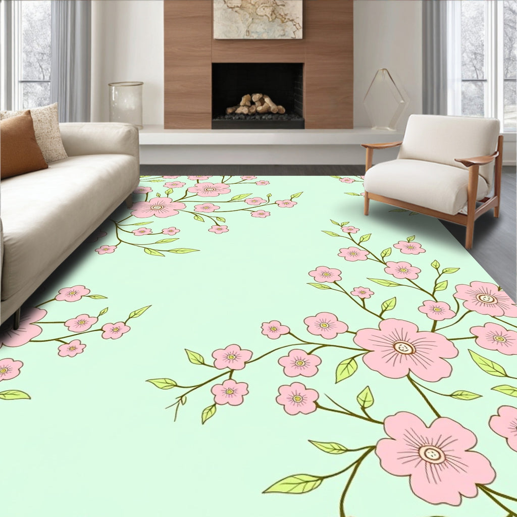 Pink Blossom Branches Pale Aqua Background Rug