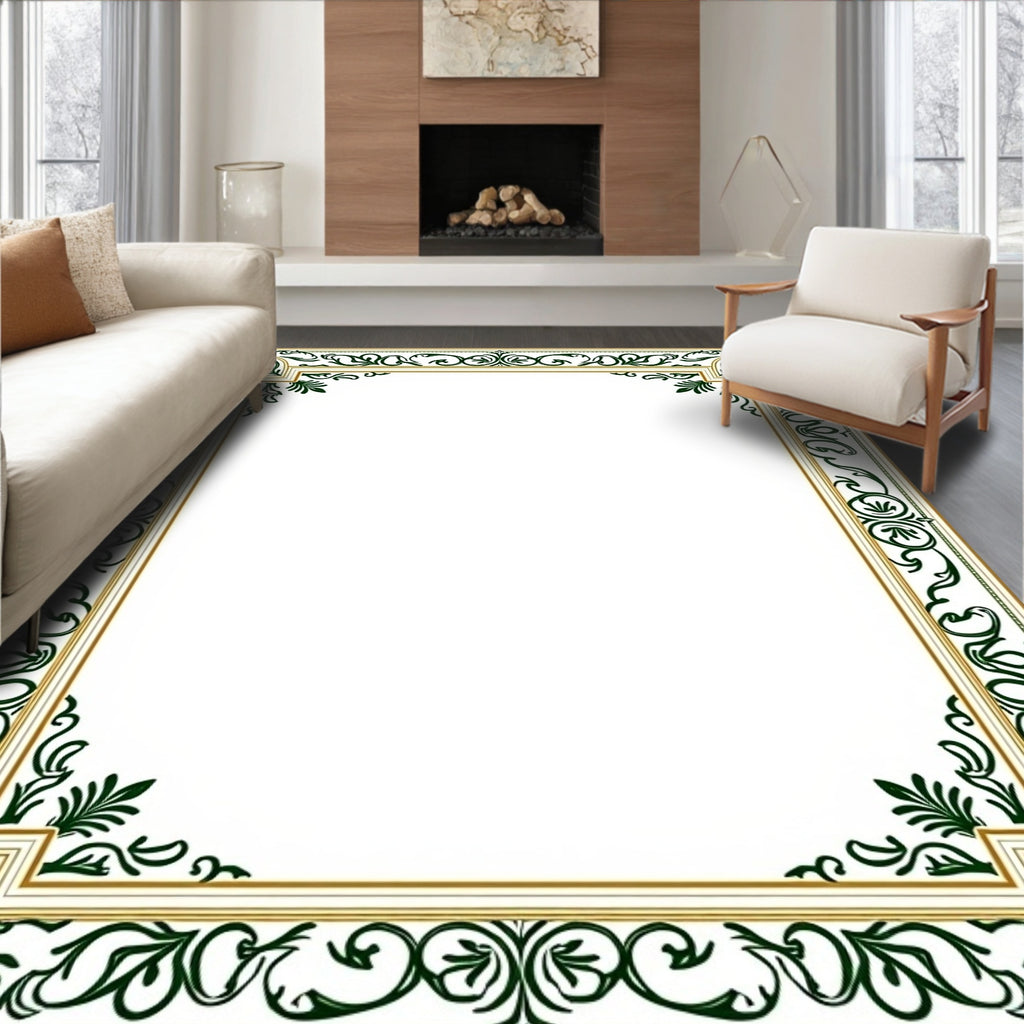 Ornate Green Leaf Scroll Border Rug
