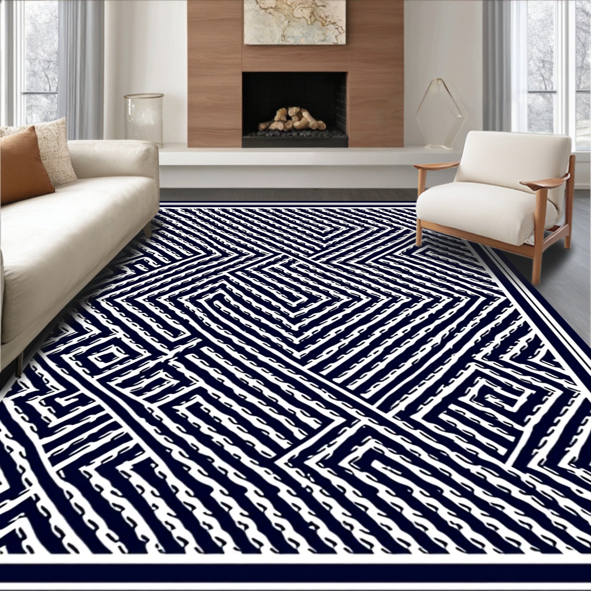 Navy White Geometric Maze Rug