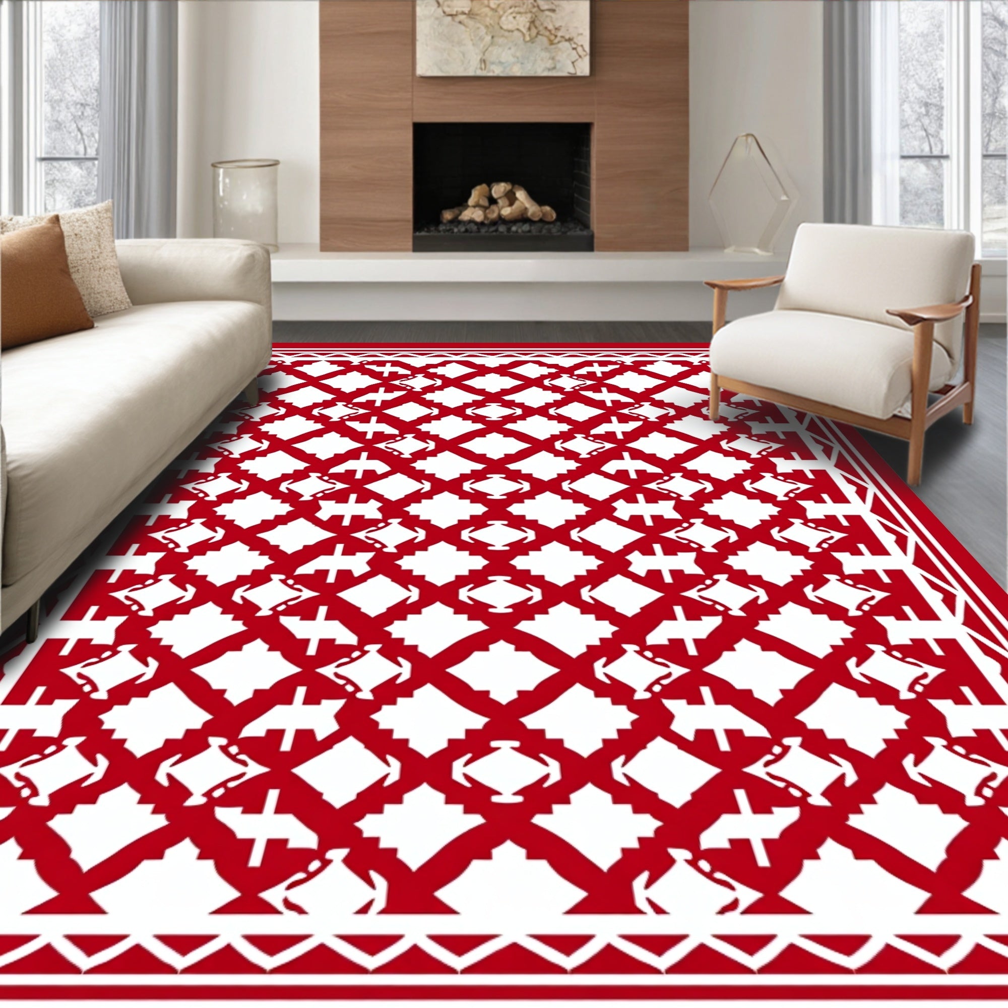 Crimson White Interlocking Diamond Lattice Rug