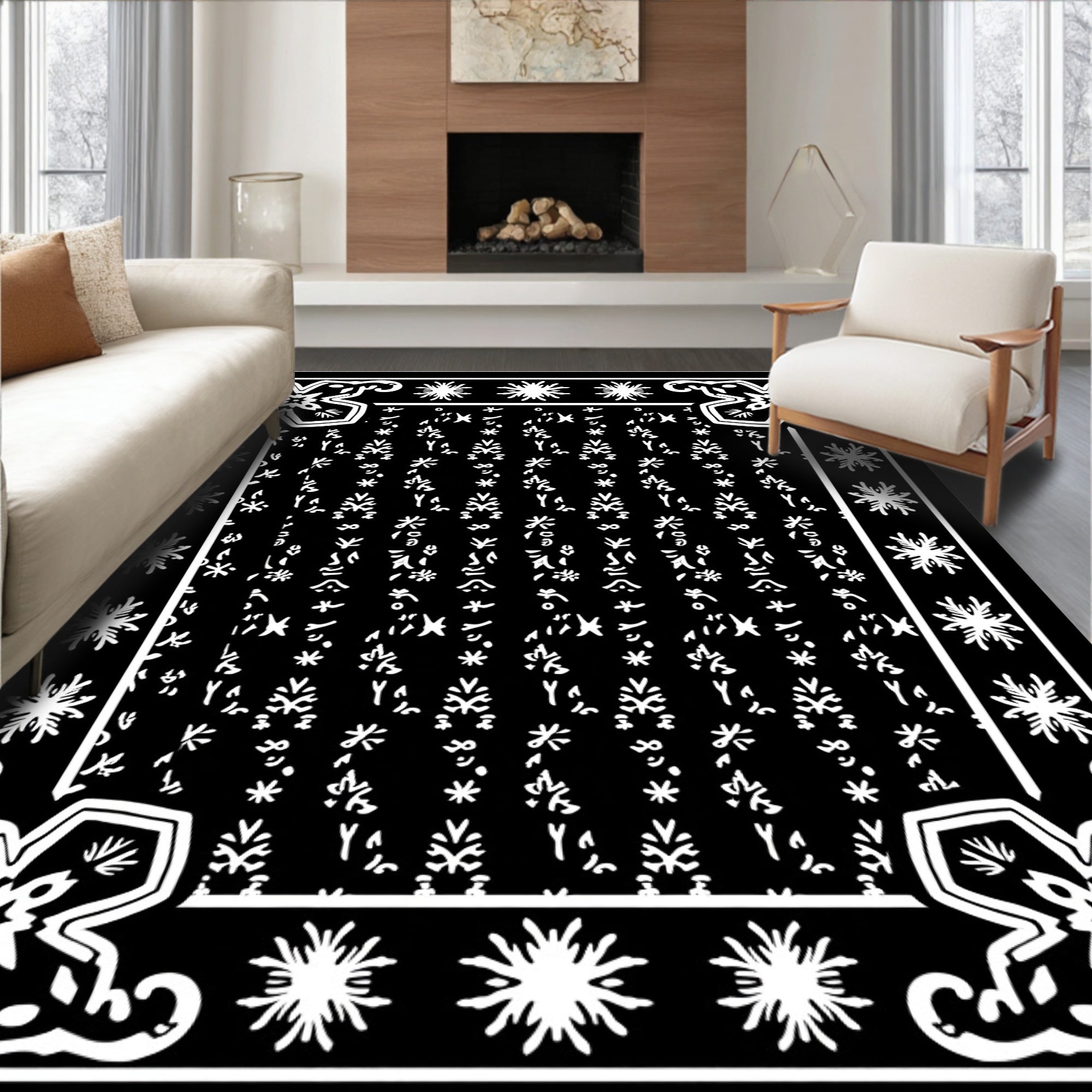 Black White Floral Starburst Border Rug