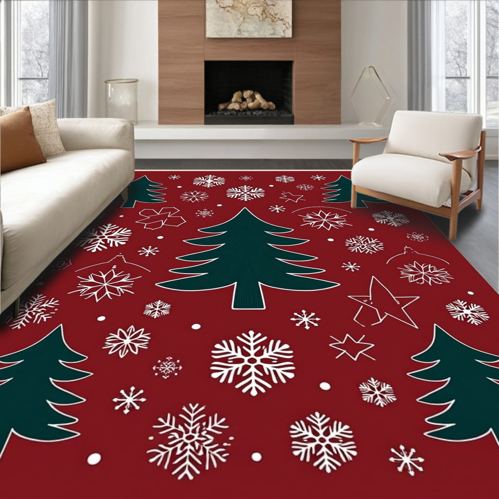 Festive Green Trees Snowflake Collection Rug
