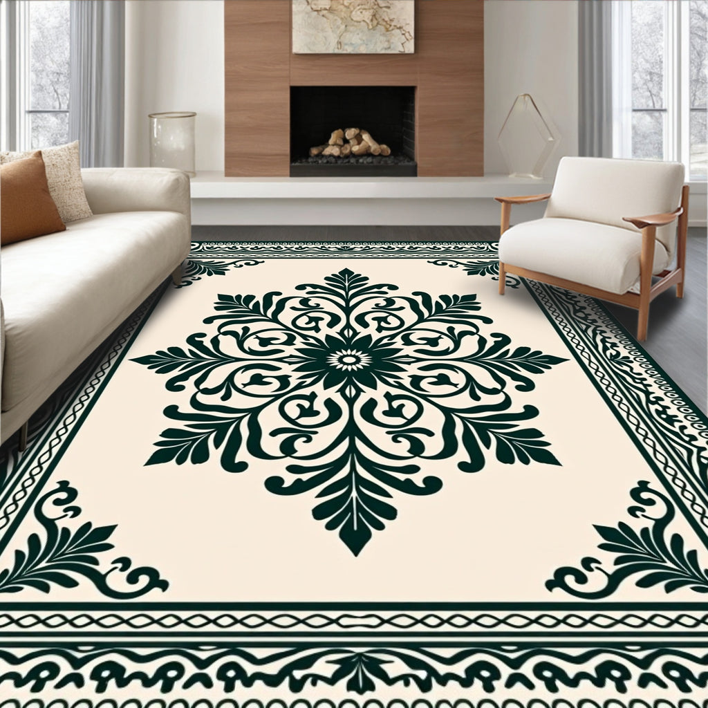 Dark Green Ivory Floral Medallion Rug