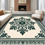 Dark Green Ivory Floral Medallion Rug