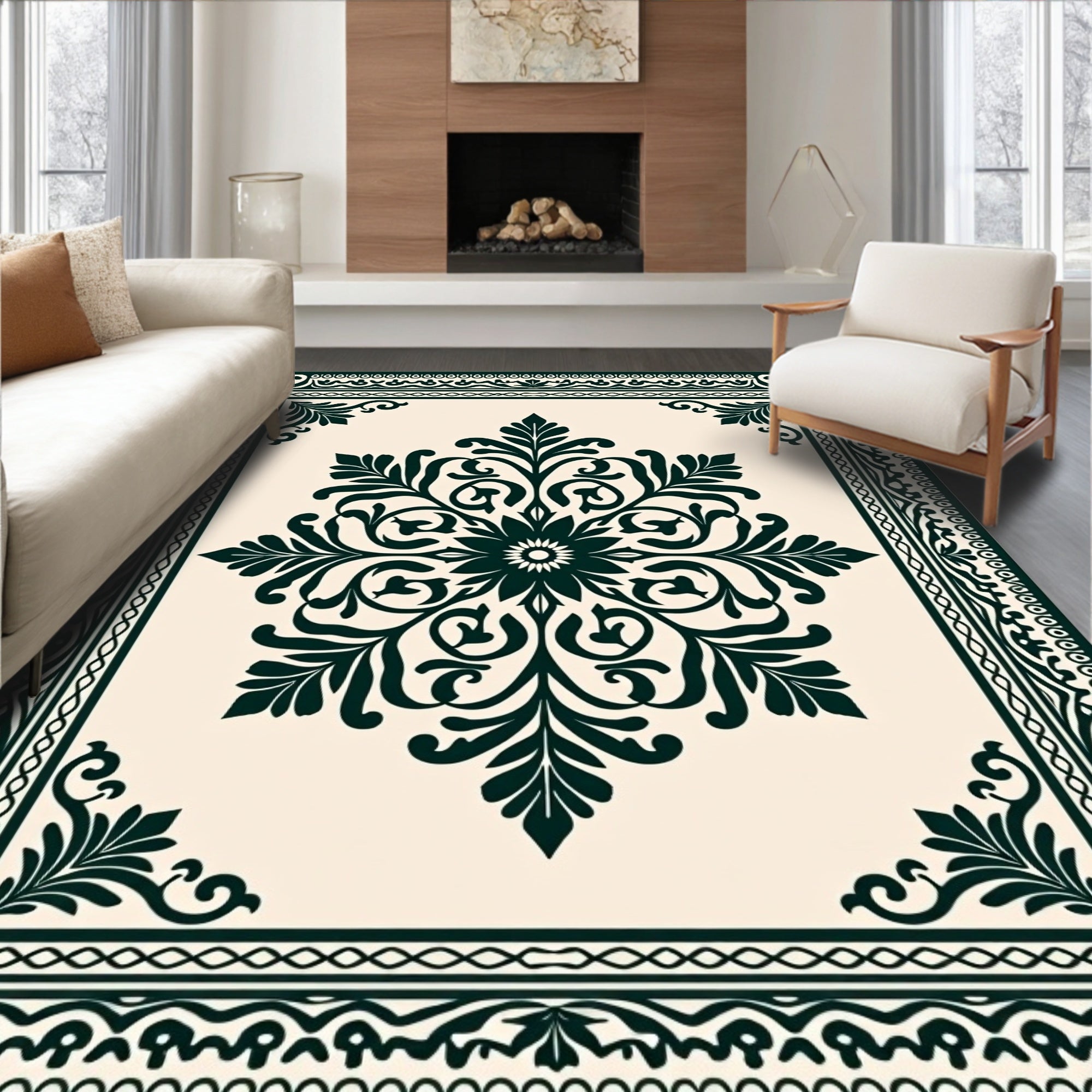 Dark Green Ivory Floral Medallion Rug