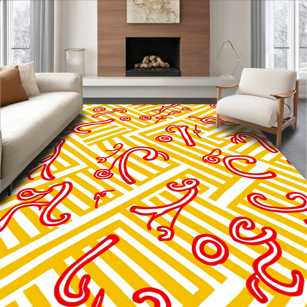Red Swirls on Yellow Geometric Maze Rug
