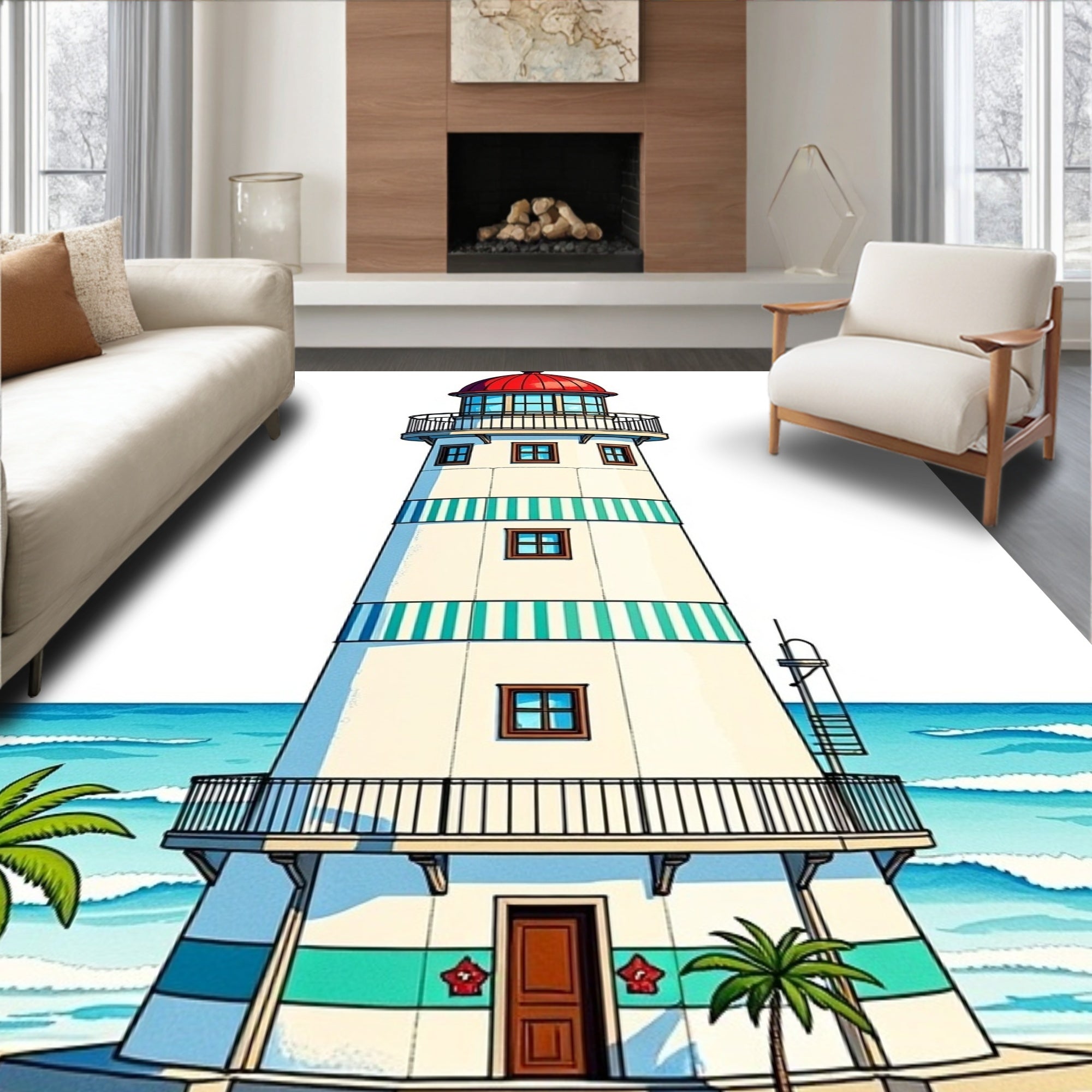 Coastal Lighthouse Beach Seaside Scene Rug
