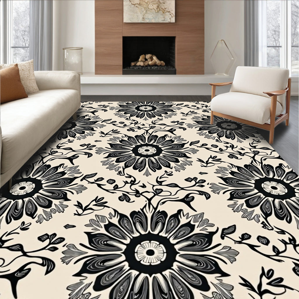 Black Ivory Floral Vine Arabesque Rug