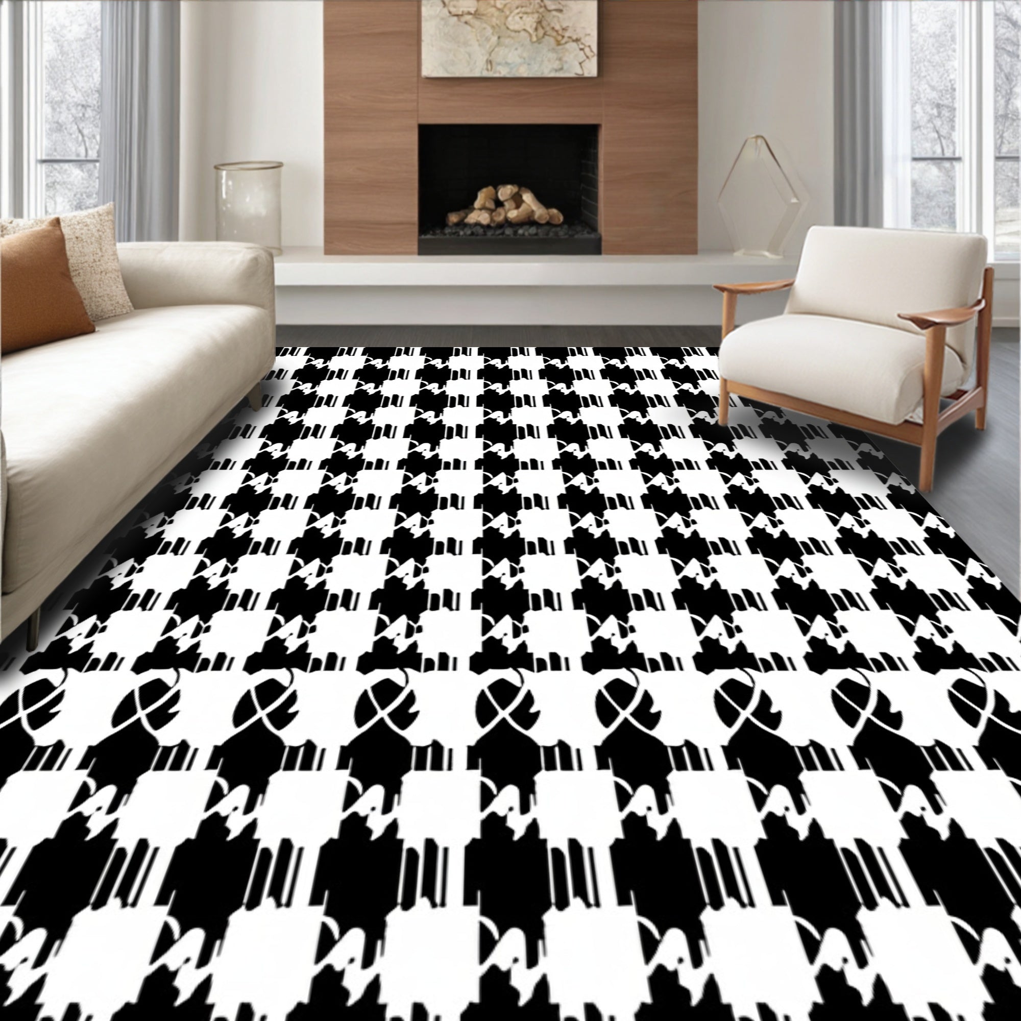 Black White Houndstooth Geometric Composition Rug