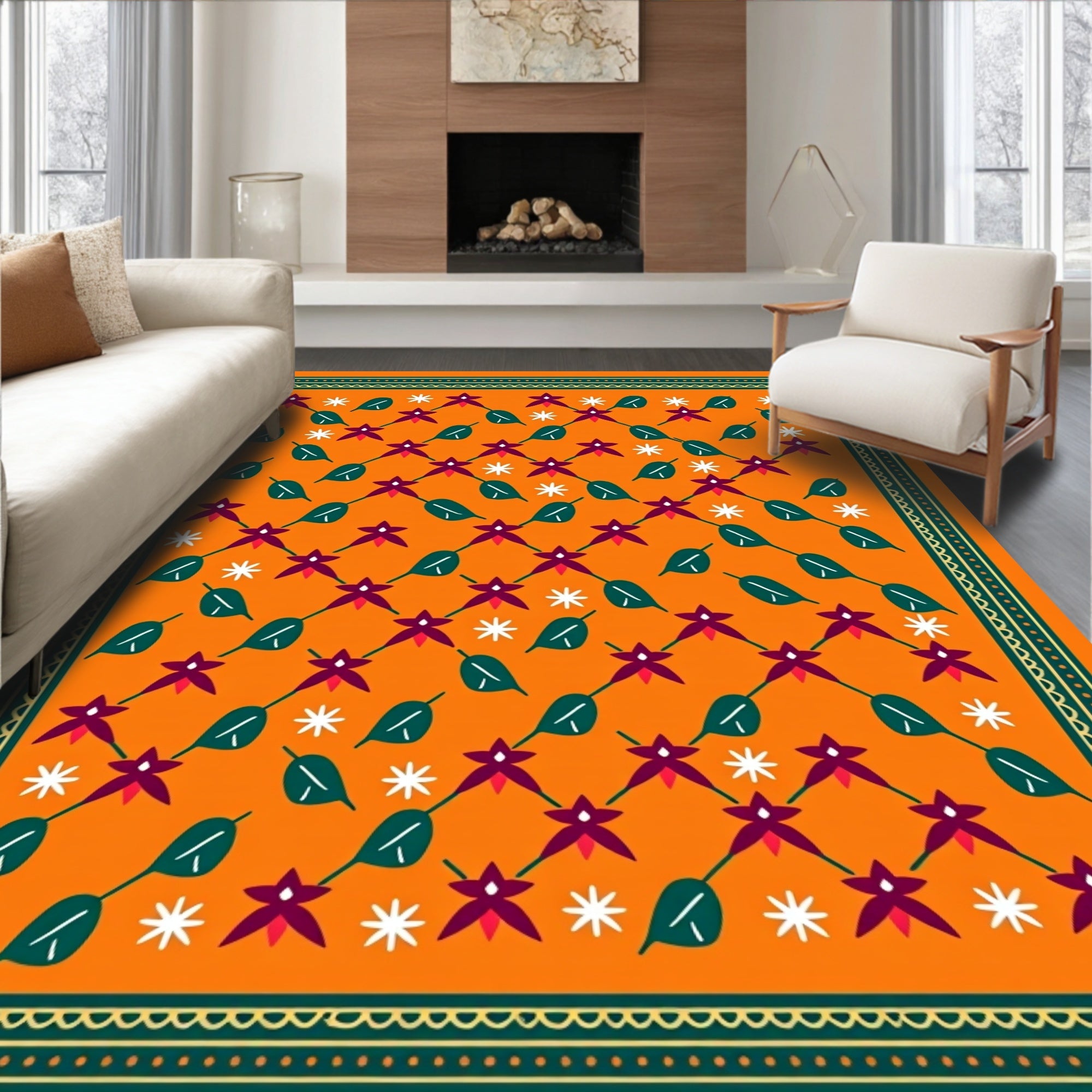 Orange Diamond Flower and Leaf Rug